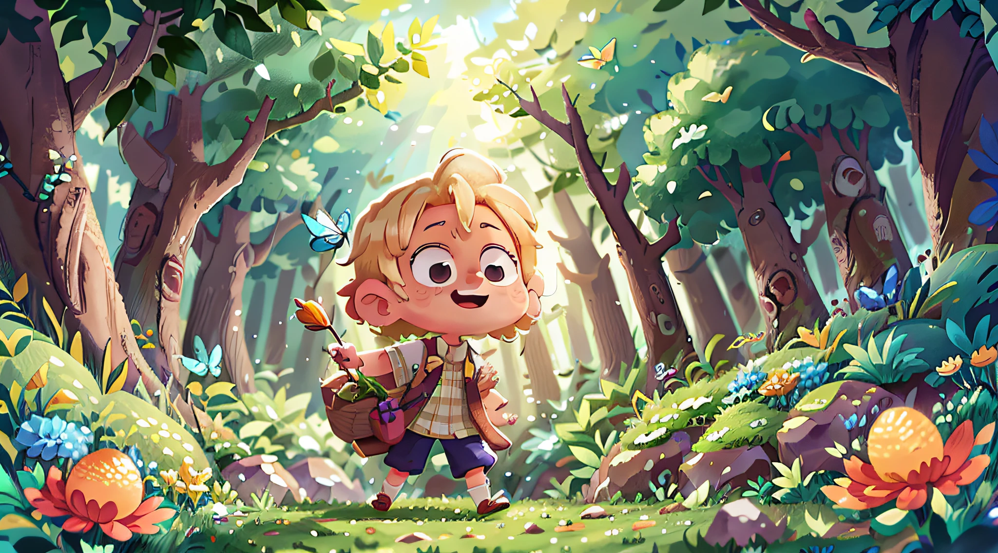 A blonde boy, awakening, excitement, surprises, garden, colorful flowers, dancing butterflies, trees, gentle breeze, imagination, fairy houses, enchantment, magic. in a forest, happy, happy, perfect quality, clear focus (mess-house: 0.8), (masterpiece: 1.2) (Realistic: 1.2) (Bokeh) (Best quality) (Detailed skin: 1.3) (Intricate details) (8K) (Detail eyes) (Sharp focus), (Happy)