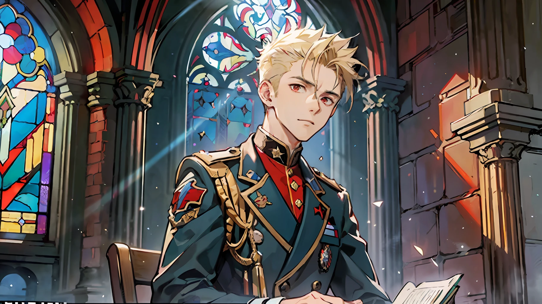 ((Masterpiece: 1.4, Best Quality)), (Short Blonde), (Spiked Hair), Red Eyes, Military Uniform, (Church: 1.2), (Stained Glass: 1.3), One Young Man, Handsome, Pillar, Sky Cover, (Light particles), (Moonlight shining through the window), Dark atmosphere, sit in a chair