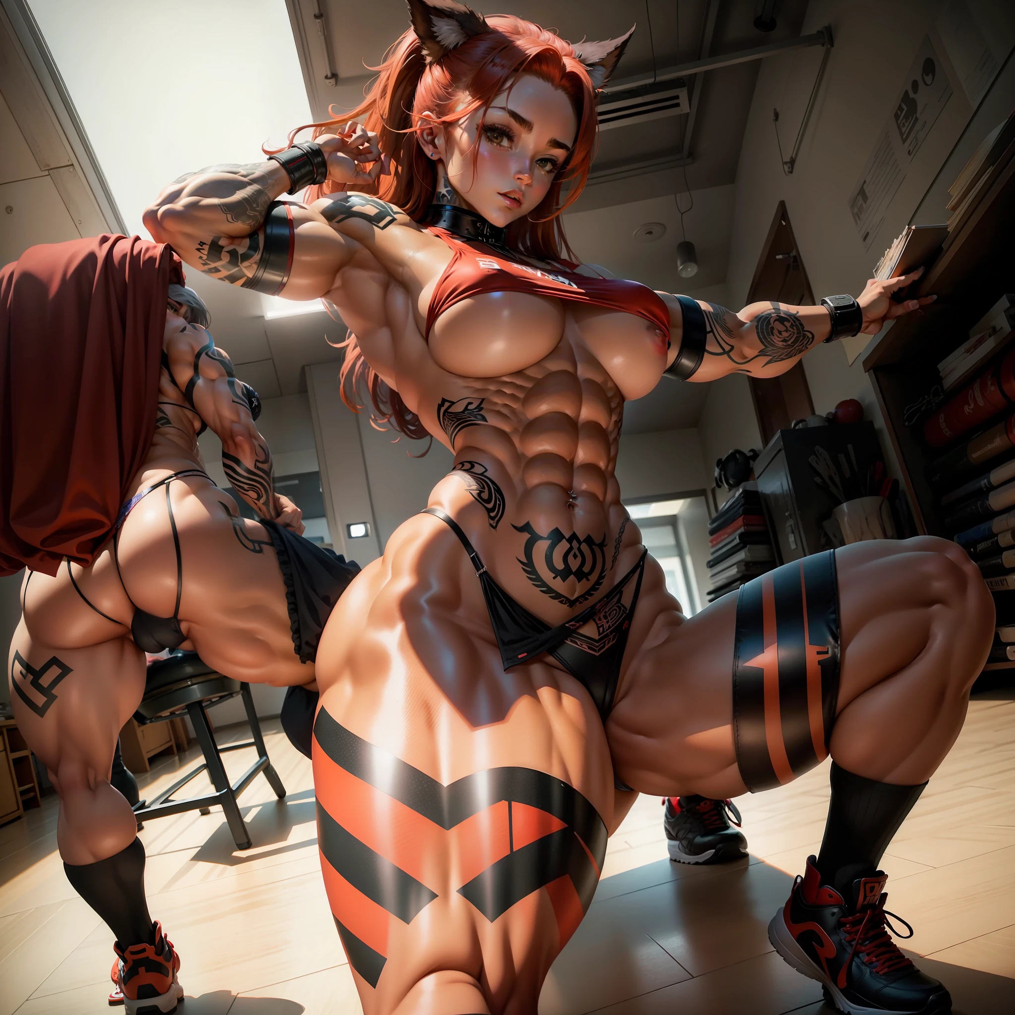 Muscular woman, petite, tattooed, muscle, perfect body, tattoo, hentai, high school girl, red hair, giant chest