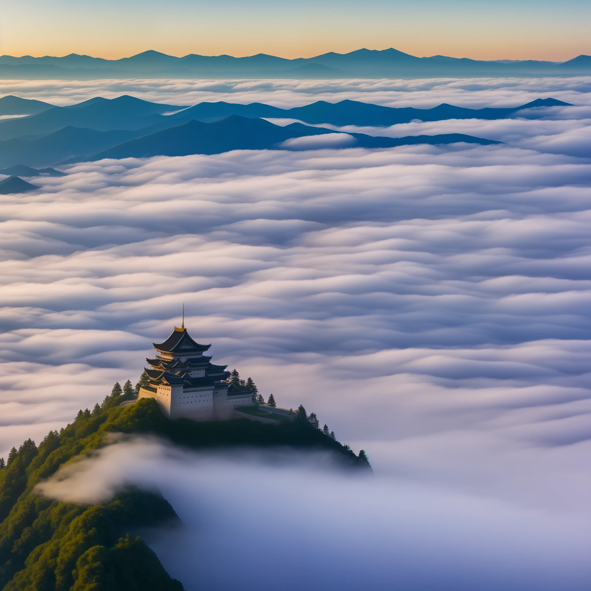 mountain castle, sea of clouds, Japan, impregnable, highest quality, oblique view from above, castle floating in the clouds, high definition castle, photo quality, shining in the morning sun