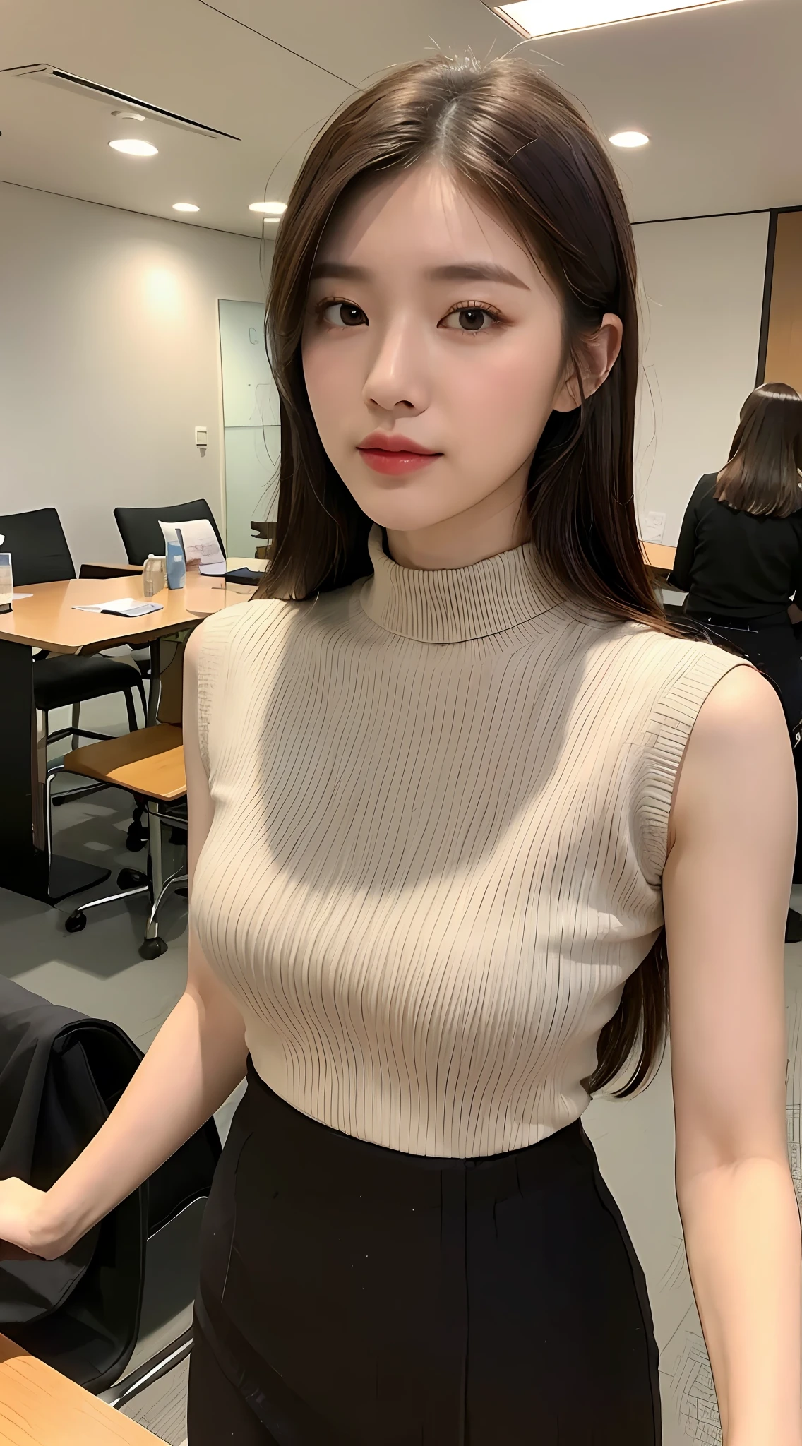 ((top quality, 8k, masterpiece: 1.3)), beautiful woman with perfect figure: 1.4, slender abs: 1.3, (((dark brown hair, big: 1.2)), very detailed face and skin texture, detailed eyes, double eyelids, sleeveless knit of turtleneck, tight skirt, work clothes, chest shape is emphasized, during business negotiations, during meetings, holding a coffee tumbler in your right hand, Hanging an ID card from your neck