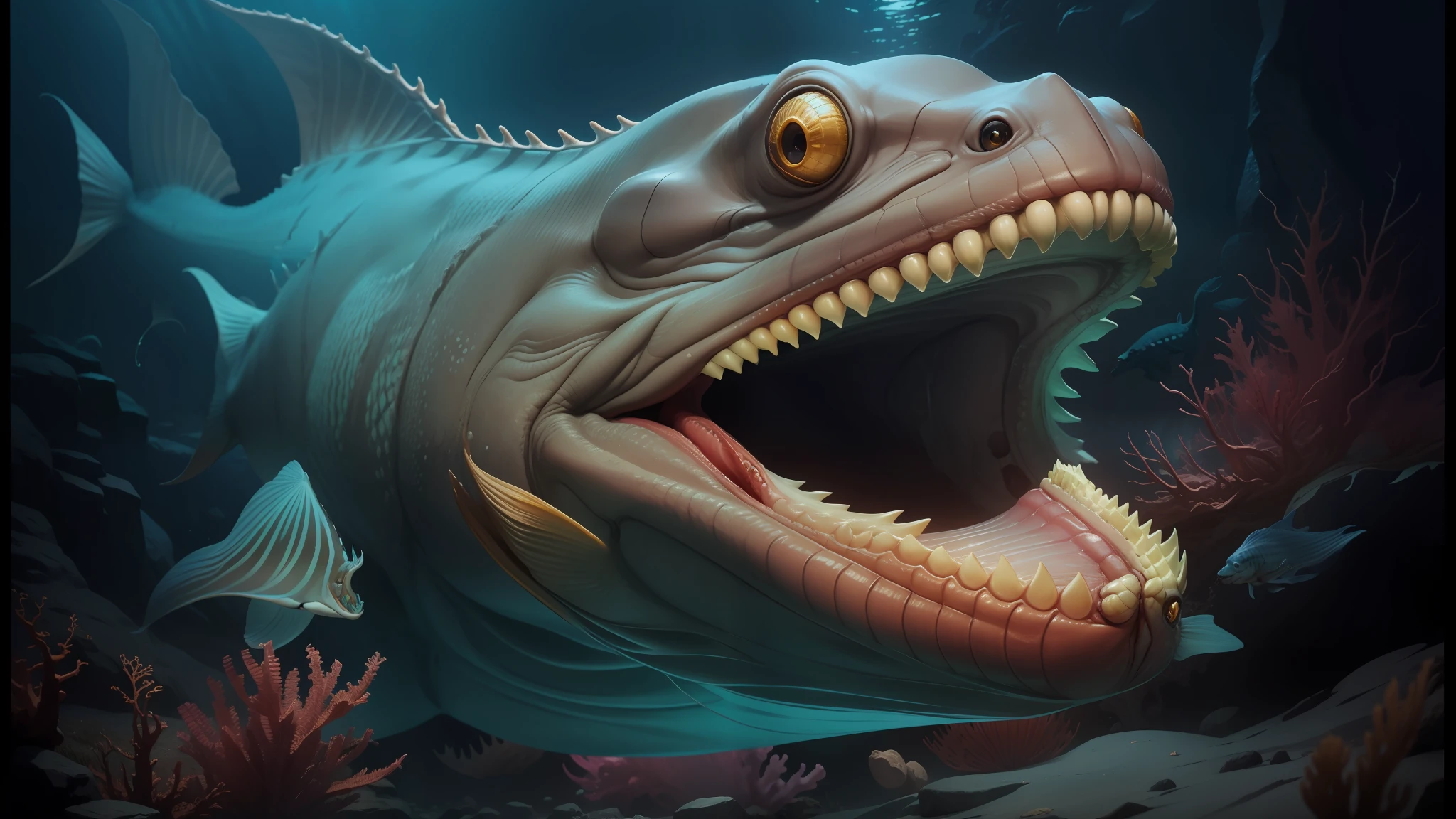 there is a fish with its mouth open and its mouth wide open, underwater sea monster, deep sea monster, scary sea monster, dagon, ocean giant creature bloop, sea monster, hyper realistic fantasy monster, 3 d epic illustrations, underwater leviathan, realistic photography paleoart, realistic paleoart, scary fish, realistic creature concept, sea monsters, large mouth with teeth --auto --s2