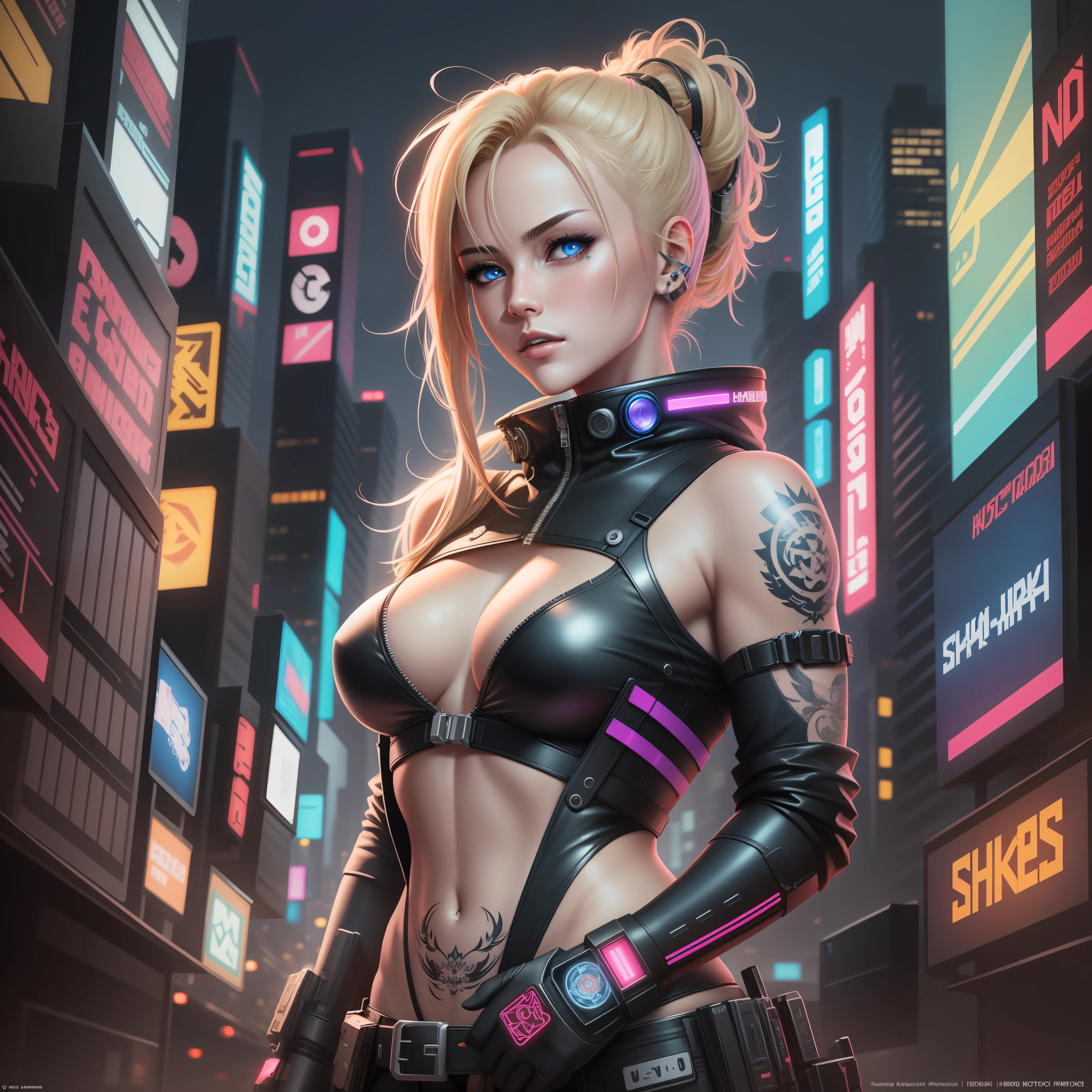 "Artistic Image, The center of this scene is a cyberpunk cyborg, full body portrait with striking blonde hair, highlights, blue eyes. She is seen amidst her high-tech environment, adorned with Japanese Tattoo art, navel piercing. The image should be a blend of digital illustration and anime, featuring a level of detail that brings the character and scene to life. The hacker's anatomy is athletic, capturing the essence of both freedom and soul. Drawing inspiration from Masamune Shirow, the illustration features sharp focus, smooth transitions, and an underlying watercolor aesthetic. The environment is filled with digital screens and neon lights, adding to the cyberpunk atmosphere.", 35mm, Medium Shot, Studio Lighting, Highly Detailed, Octane Render