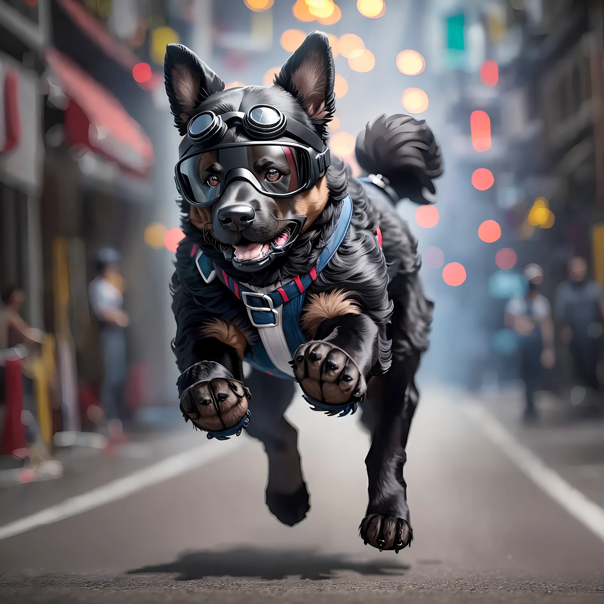 A black teddy dog, wearing goggles, runs through the streets of Guangzhou, wanting real scenes, movie effects --auto --s2
