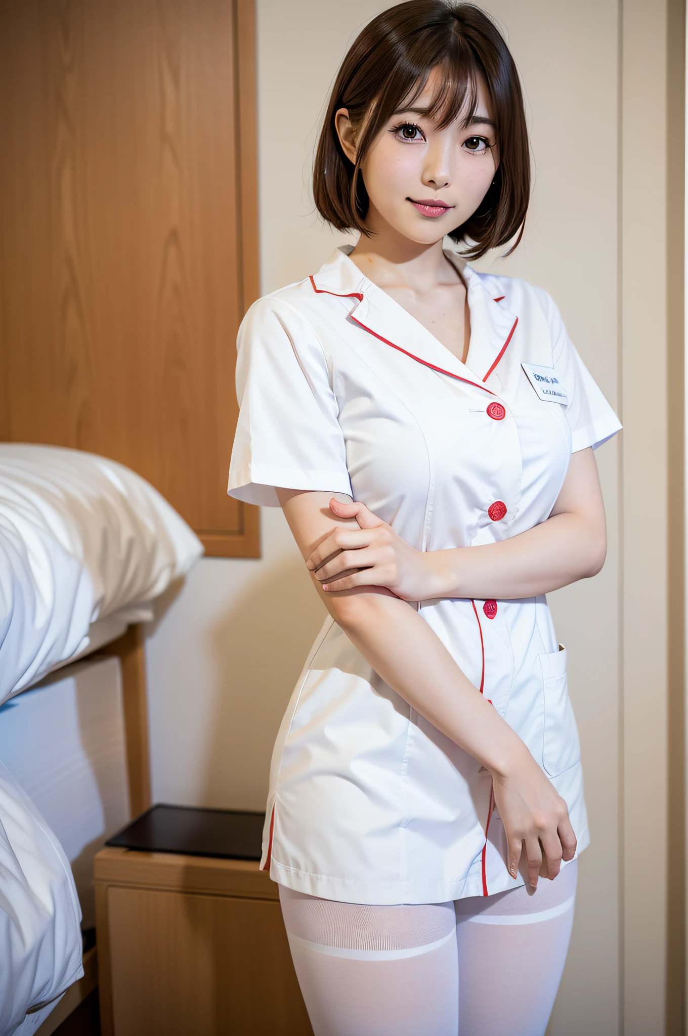 A Japanese girl, Yua Mikami, solo, high quality, solo work, produced by Japan S1, 4K, white pantyhose, acute ward, nurse, night duty