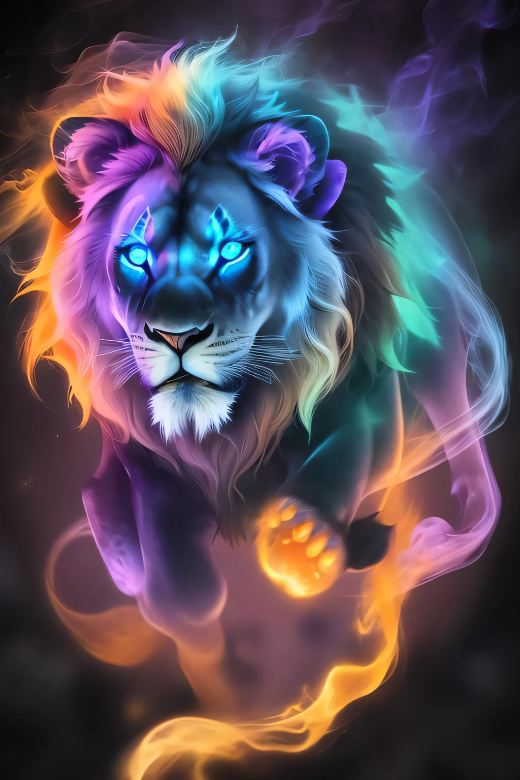 bioluminescent lion made of orange|crimson|purple smoke dark blue|Lilac background