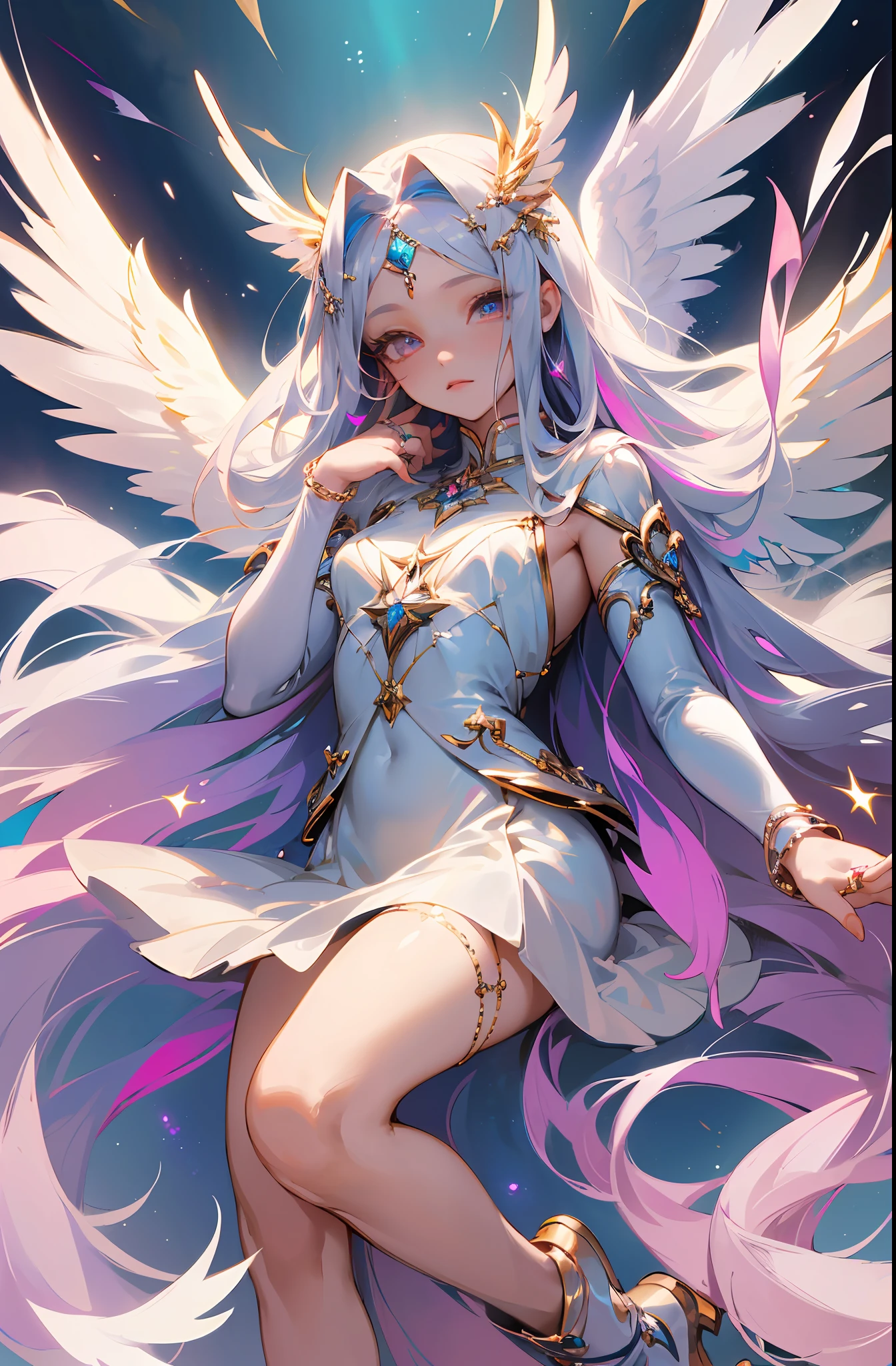 (Masterpiece: 1.4), (Best Quality: 1.4), (Very Cute Angel Girl, Super Detailed Face, Jewel-like Eyes, White Very Long Hair, Colorful Gradient Hair: 1.4), (Angel Ring:
1.4), (Angel Wings: 1.4), (Full body, perfect two arms, perfect two legs: 1.4), light, shine