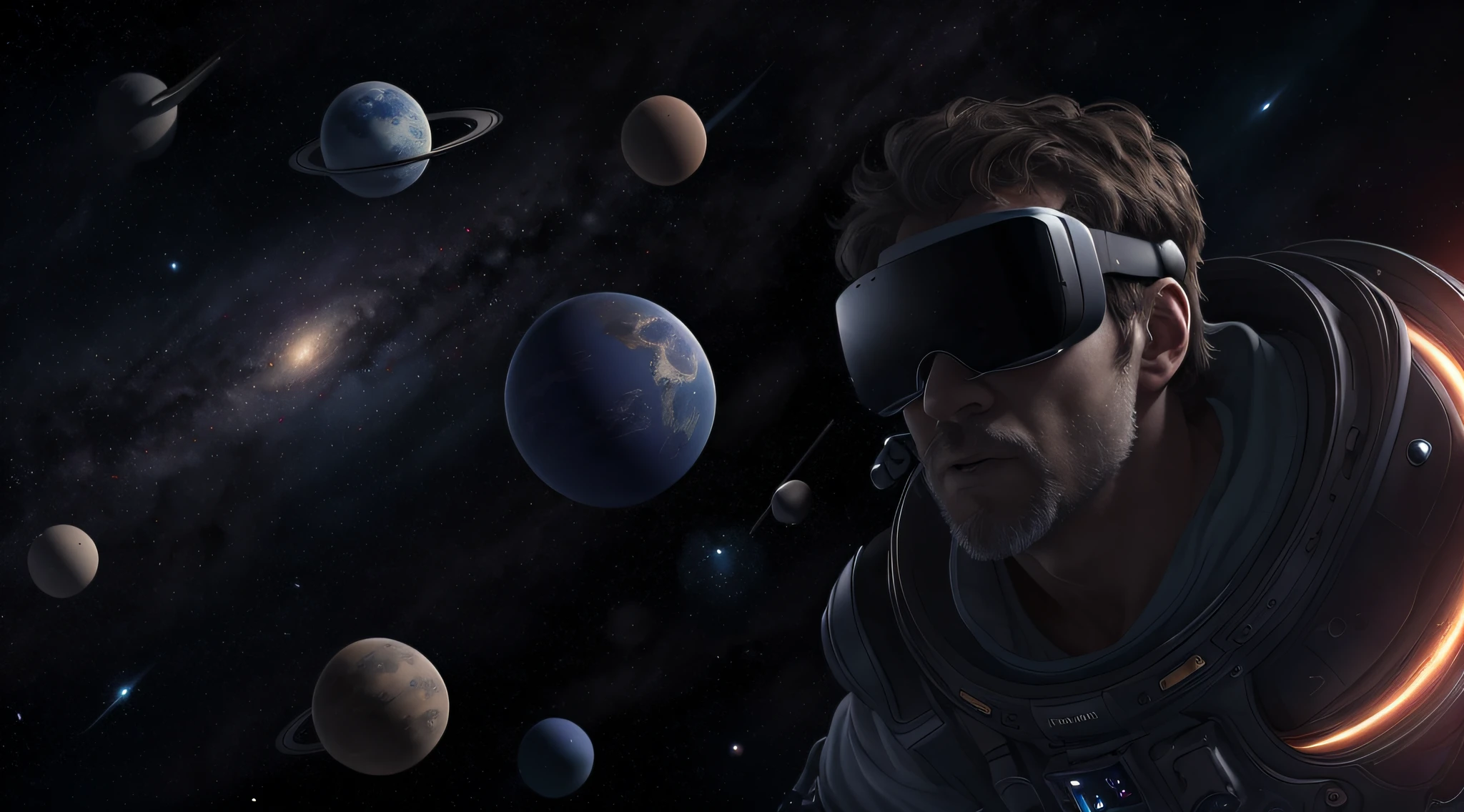 (Masterpiece), the best picture quality, (ultra-fine CG unified 8k wallpaper), (best picture quality), a man with VR glasses, flying through space, surrounding planets, blue gradient starry sky