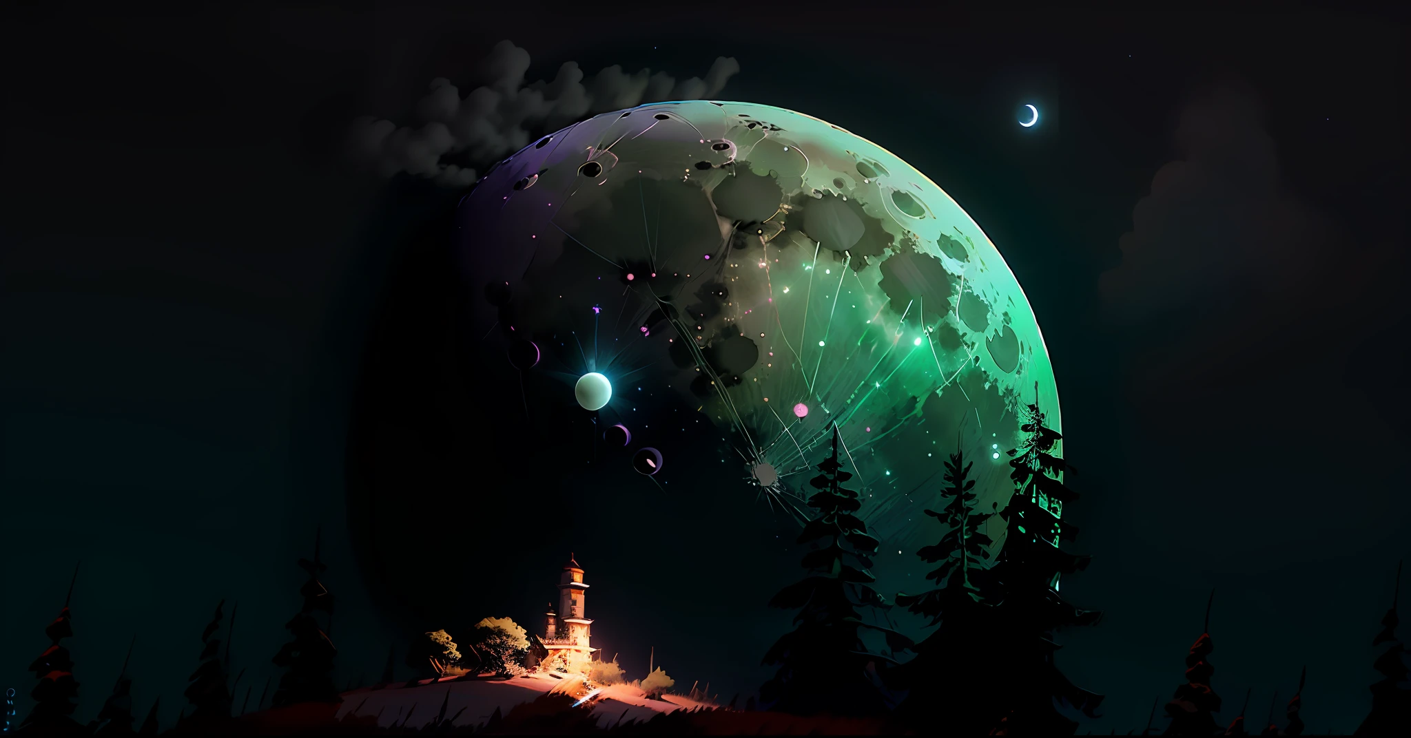 Green moon, night sky