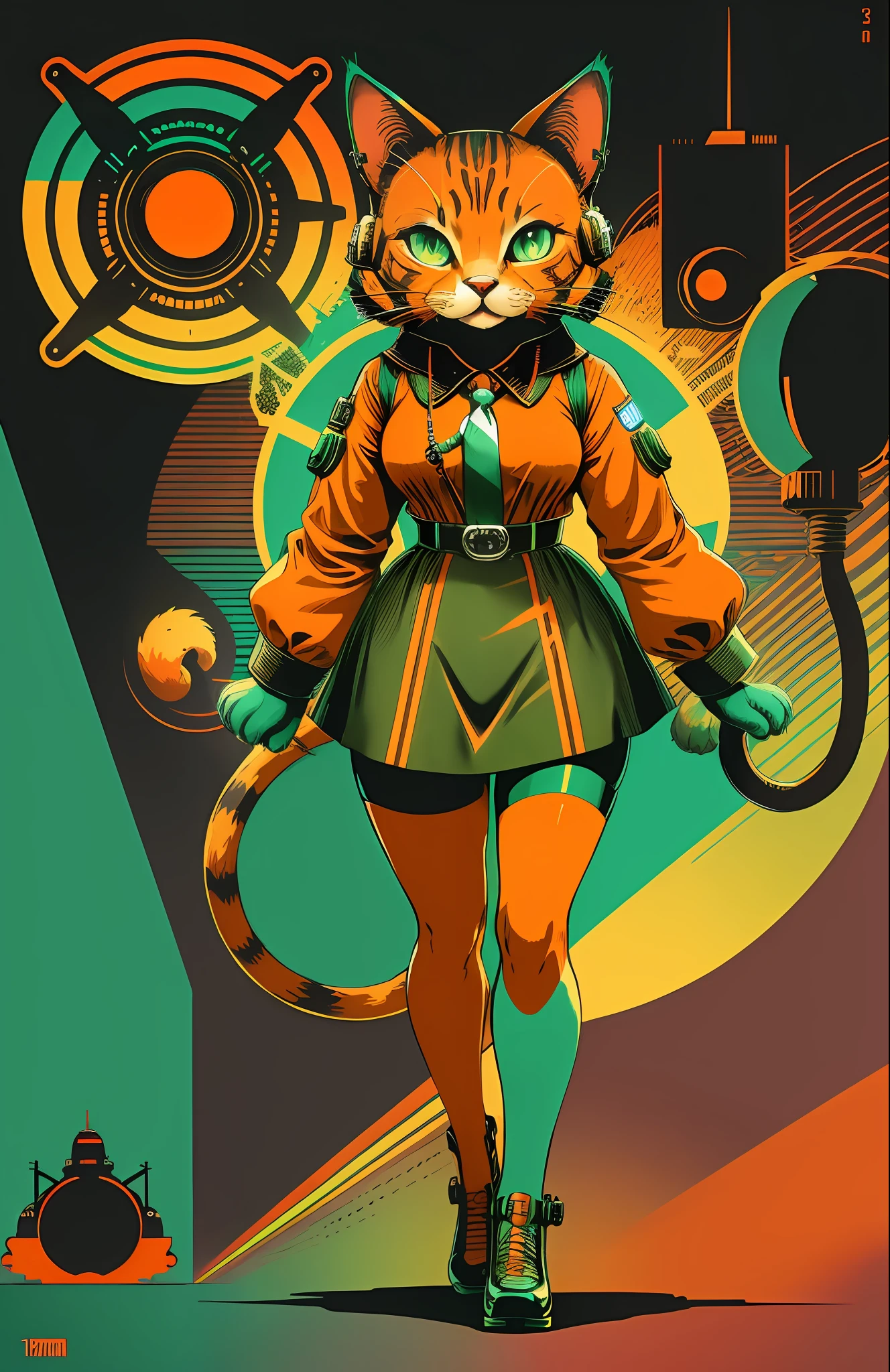 1950s atompunk cat retrofuture, red, orange, green color palette --auto --s2