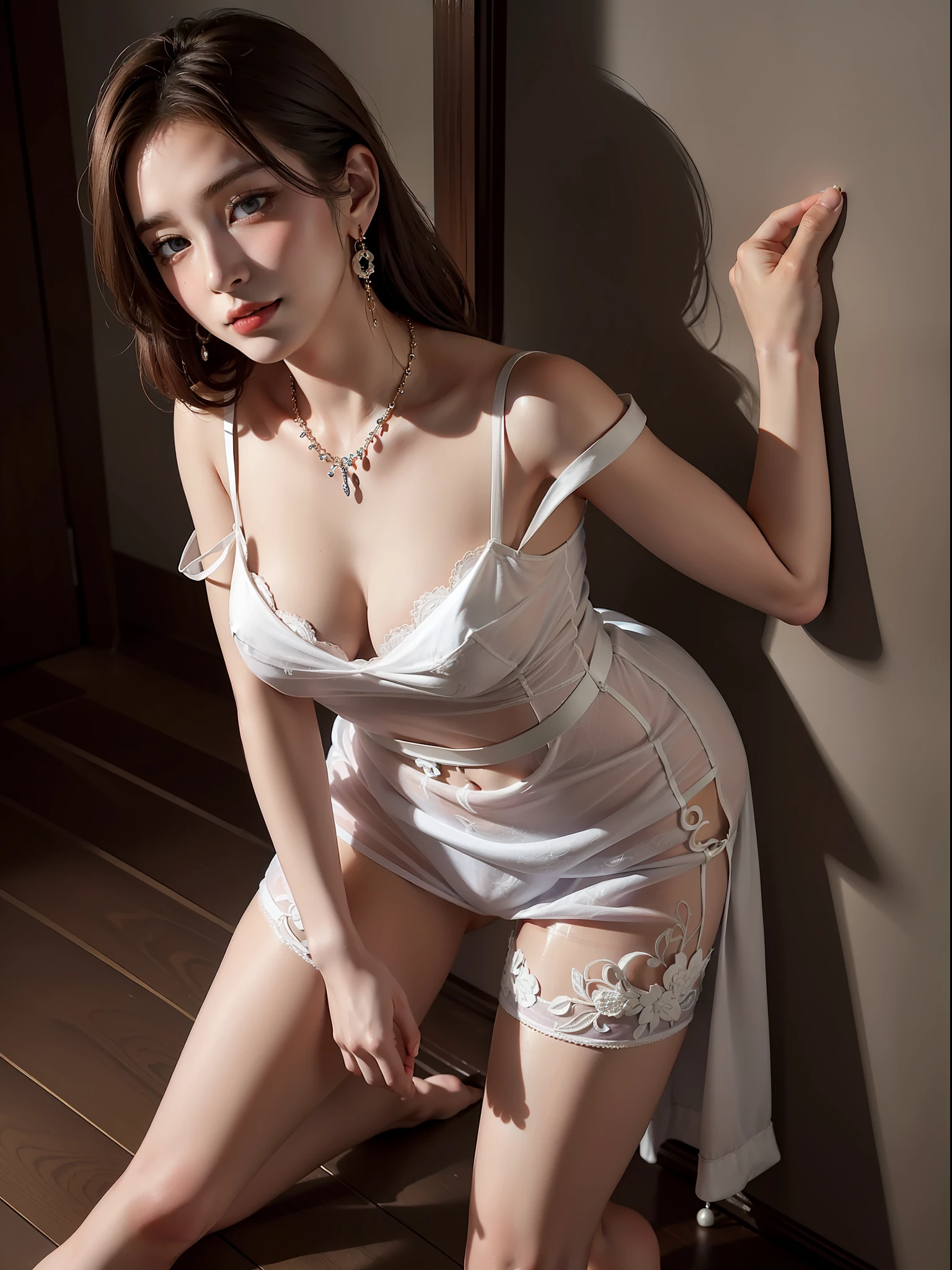 (NSFW1.5), (Ultra Realistic), (High Resolution), (8K), (Very Detailed), (Best Illustration), (Beautiful and Detailed Eyes), (Best Quality), (Ultra Detailed), (Masterpiece), (Wallpaper), (Detailed Face), Solo, One Girl, Watching Viewer, Fine Detail, Detailed Face, In the Dark, Deep Shadow, Low Key, pureerosfaceace_v1, Smile, Bust, Transparent Underwear, Mecosuji , Standing, wearing high heels, necklace, earrings, half shoulder, maid clothes, undressed