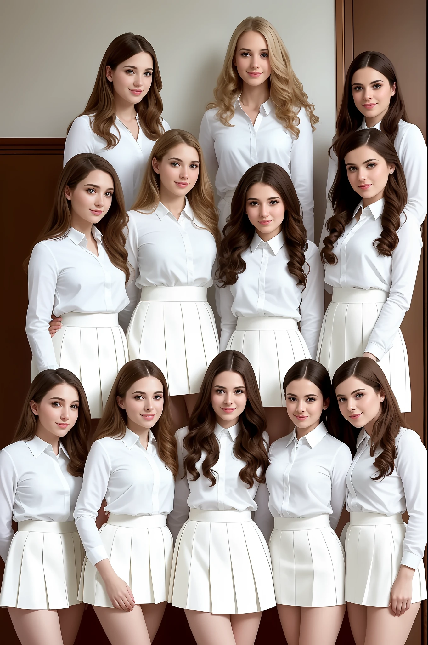 stunning identical sextuplets standing close together, in a room, 25 years old, full body, identical bodies, pale skin, athletic body, identical height, wearing white skirt suits, same faces, same hairstyle, long wavy hair, same colour hair, light brown hair, five fingers on each hand, smiling, color, realistic, sharp focus on eyes, sharp focus on nose, 8 k, high definition, insanely detailed, elegant, ultra realistic, photorealism,