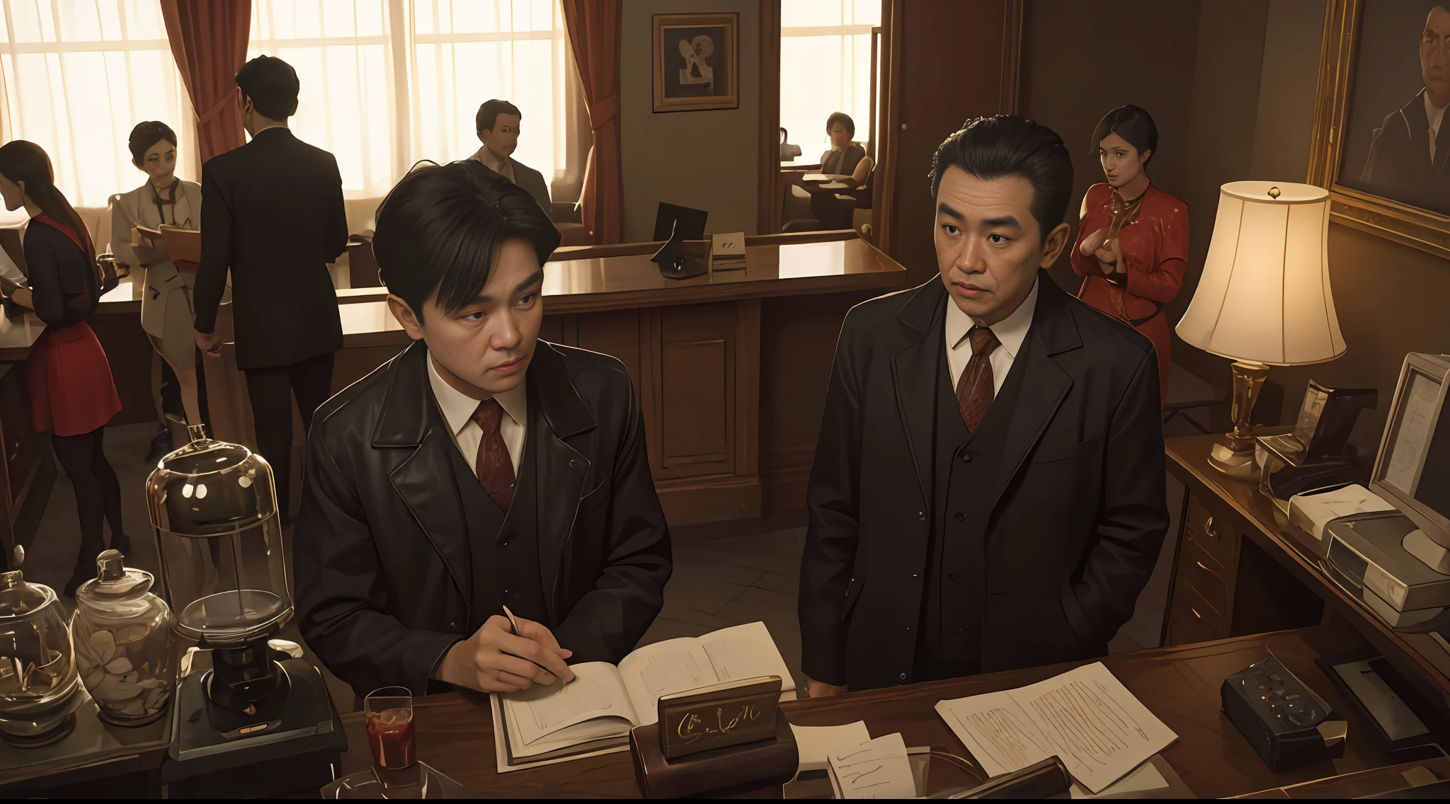 Vintage hotel, many guests crowded at the front desk, weird wall picture frame, retro phone, hotel front desk receptionist, super color, surreal, mysterious lighting, oversaturated, an Asian middle-aged man, private detective, light trench coat, detective holding photo to ask the front desk, there is a black mystery man in the corner