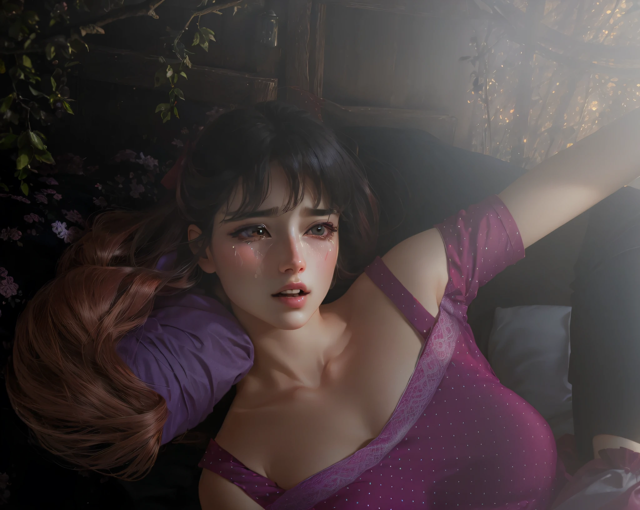 ((27 years old, close your eyes)), (8K, top quality, masterpiece: 1.2), (red eyes)), (very desperate expression, red eyes, very frightened), (realistic, photorealistic: 1.37), ultra-detailed, top quality, ultra high resolution, professional lighting, photon mapping, radiosity, physically based rendering, movie lighting, pink off-shoulder, depth of field, focusing, moonlight, (beautiful Japan woman), beautiful eyes, pose, constriction, whitening skin, black hair, long hair fluttering in the wind, ((tears, anguished, bitterly crying face, sharp long vampire fangs in open mouth)),Lisabeth Olsen photography, high resolution, masterpiece, one girl, solo, best quality, reality, bedroom, lying in bed, looking at viewer, perspective lens, (big 1.3), Stockings, Petite, Navel, Sexy Legs (Red Hair), Excitement, 4K, HDR Masterpiece: 1.1), (Best Quality: 1.1), (Anatomically Correct: 1.1), (Perfect Arm: 1.1), ((Detailed Face: 1.3 )), (Detailed Skin), (Perfect Eyes), (Realistic), Octane Rendering, Sharp Focus, (4K), (Masterpiece), (Best Quality), Detailed Background, Art, film lighting by Artgerm and Greg Rutkowski