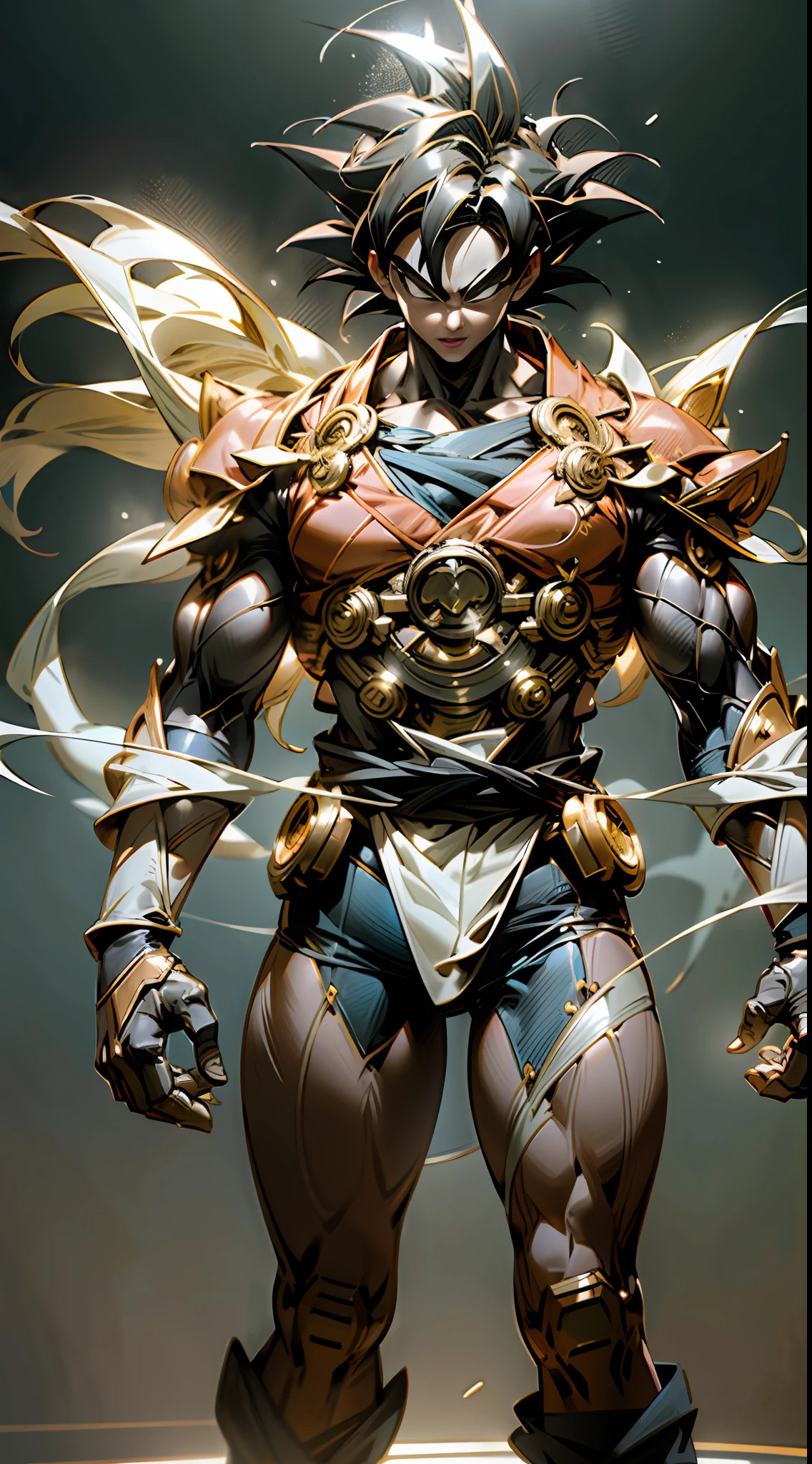 Goku, Dragon Ball, anime, perfect blend of super instinctive Goku invisible ghost translucent, wearing shiny glossy costumes, beautiful etched patterns, hyper-detail, realism, octane rendering, unrealistic engine, hyper-detail, cinematic lighting, HDR, 32k, super resolution, megapixels, Prophoto, rear lighting, natural lighting, incandescent lamp, fiber optics, mood ligting, cinematic lighting, studio lighting, Soft Lighting, Volume, Control Focus, Beautiful Lighting, Accent Lighting, Global Illumination, Screen Space Global Illumination, Ray Traced Global Illumination, Optics, Scattering, Glow, Shadows, Roughness, Glitter,
