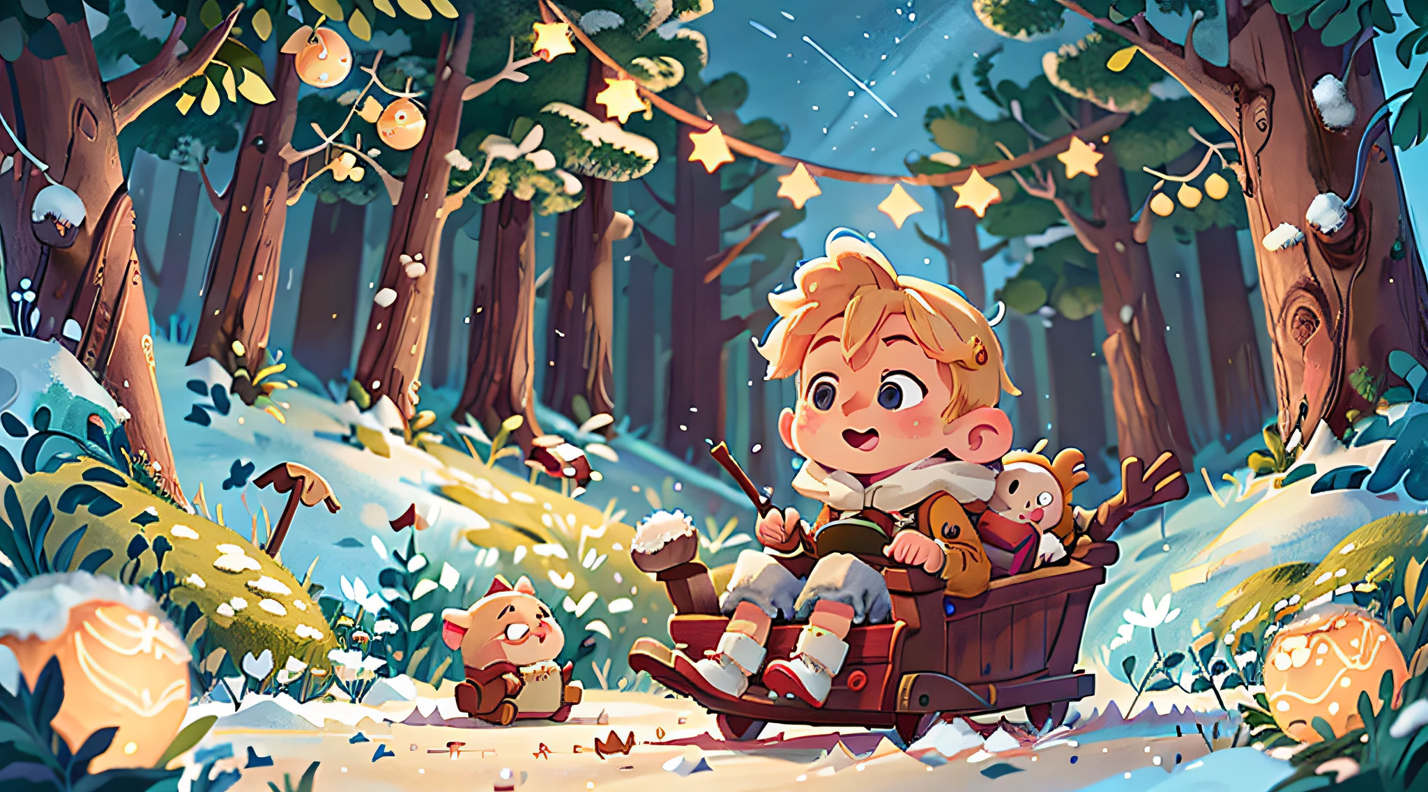 Blond boy, snow, glide on a sleigh, hill, build a snowman, starry night, look at the sky, shooting star, forest, play, happiness. Happy, Happy, Perfect Quality, Clear Focus (Mess-Home: 0.8), (Masterpiece: 1.2) (Realistic: 1.2) (Bokeh) (Best Quality) (Detailed Skin: 1.3) (Intricate Details) (8K) (Detail Eyes) (Sharp Focus), (Happy)