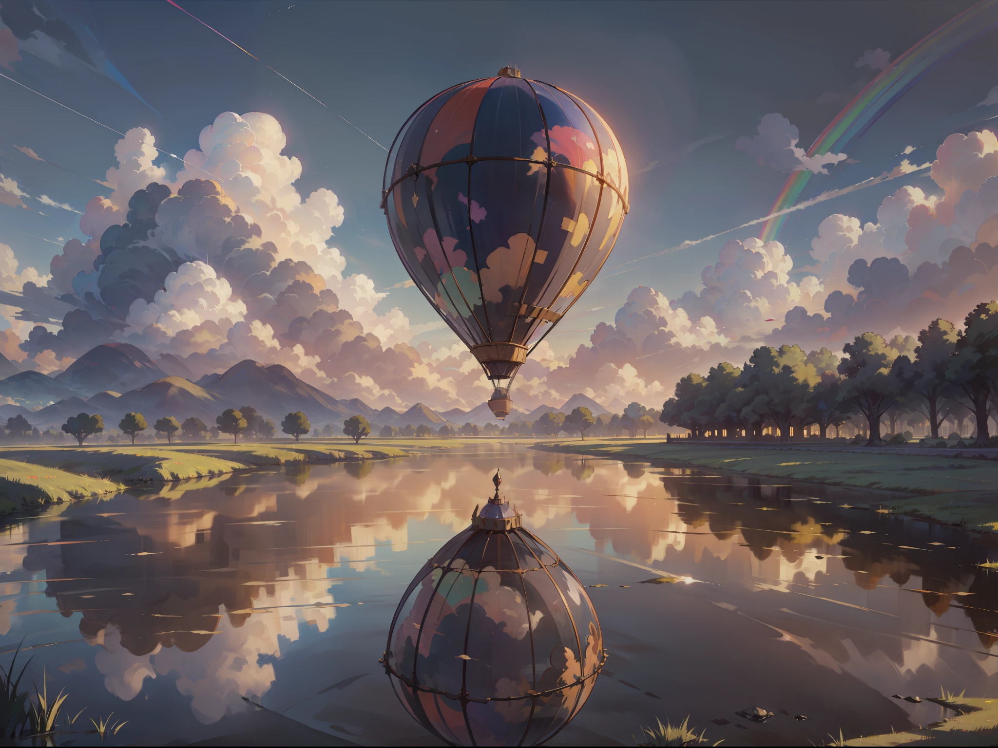 Ray tracing, 8K, Ultra HD, Wide Angle, Clouds, Sunlight Reflection, High Quality, Super Detail, Castle, Hot Air Balloon, Clouds, Rainbow, Wide Angle, Evening, Sunset, Refraction