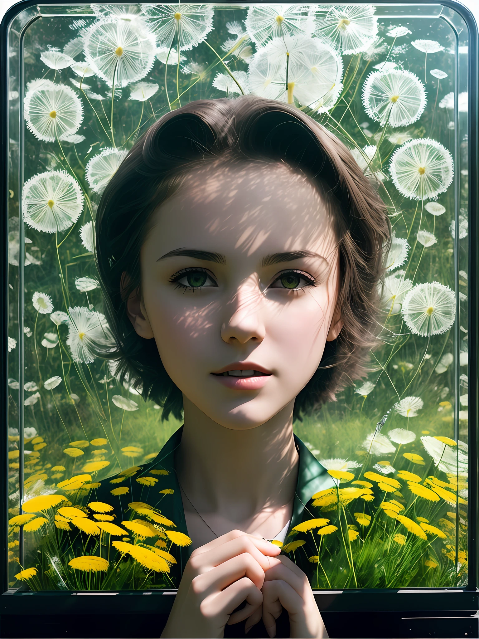 Dandelions flutter in the wind! Blowing head-on on the girl's face! The above picture is in a glass cover! Outside the glass cover is heavy industry robots at work!