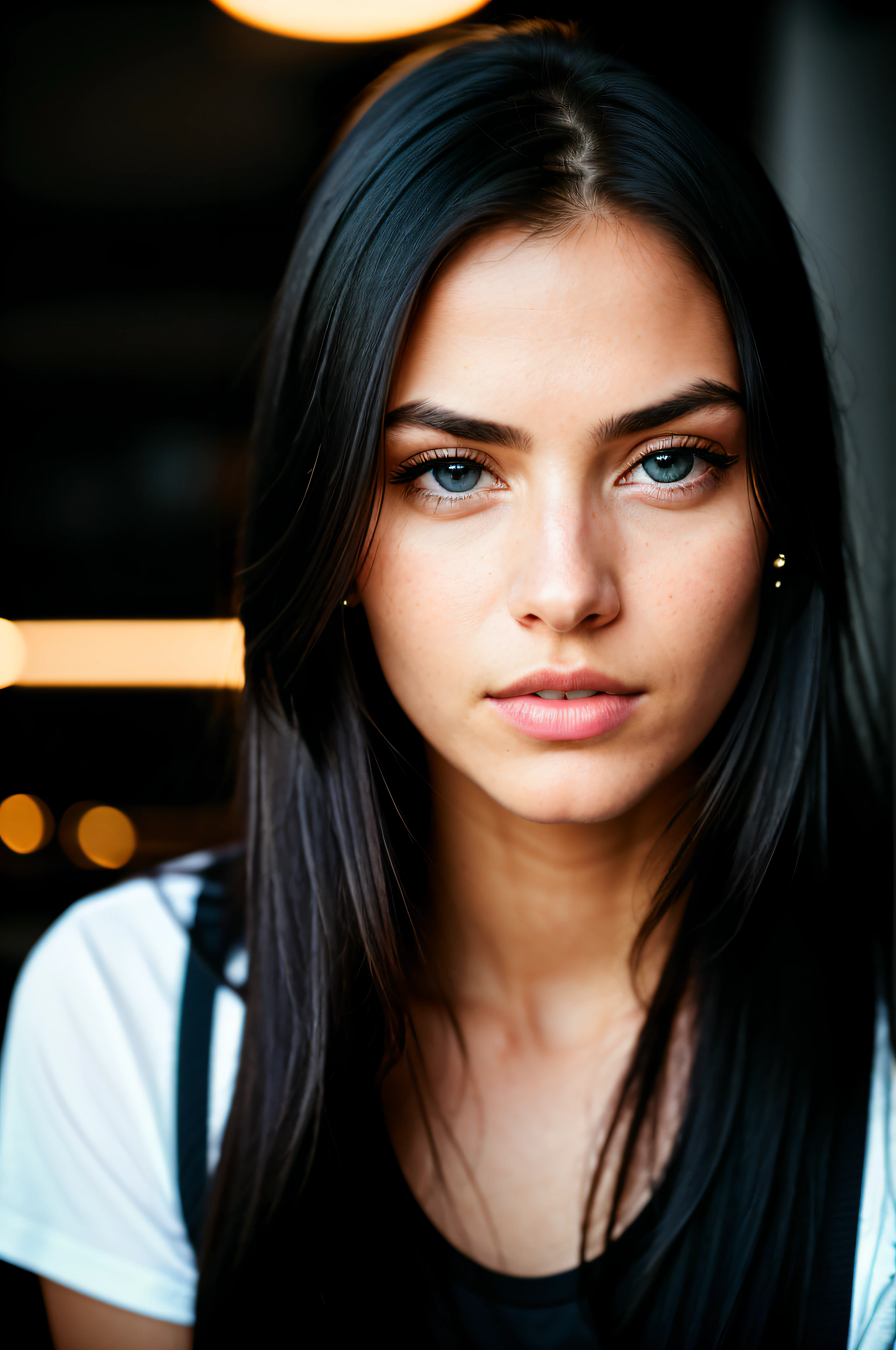 Beautiful woman, long straight black hair, wearing a white t-shirt without print, wearing leather belt, front view (sitting inside a modern restaurant at night), very detailed, 30 years, natural wave hair, blue eyes, high-res, masterpiece, best quality, intricate details, highly detailed, sharp focus, detailed skin, black skin, realistic skin texture, texture, detailed eyes,  professional, 4k, Canon shooting, 85mm, shallow depth of field, Kodak color vision, perfect fit body, extremely detailed, photo_\(ultra\), photo realistic, realistic, post-processing, maximum detail, roughness, real life, ultra realistic, photorealism, photography, 8k uhd, photography (grain of film) medium shot for closeup shot atmospheric dark lighting