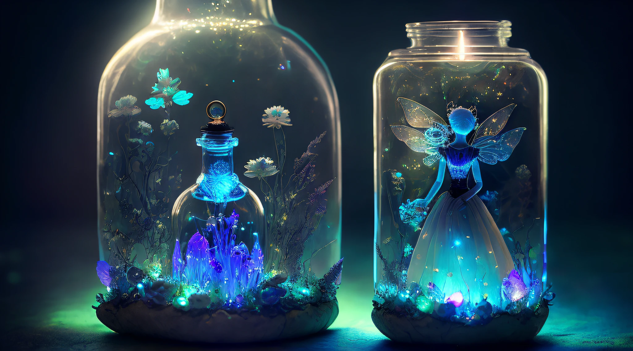 dream art,
bioluminescent fluorescent fairy in a bottle, thick glass, steampunk details, nebulous, 
chromatic aberration, reflections, insane details, intricate details, hyperdetailed, realistic, photo, canon, dreamlike, art, hyperdetailed photorealism by greg rutkowski