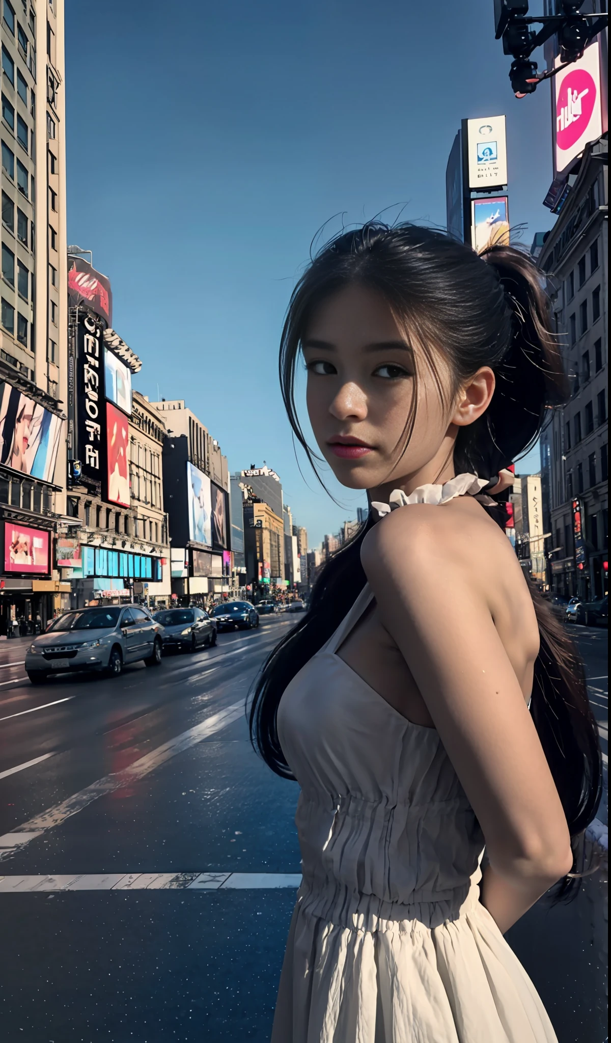 Cinematic lighting, cinematic style, best quality, blue sky, white clouds, double ponytail, (European and American girls: 1.4), 18 years old, double eyelids, 1girl, medium, flowing hair, delicate hair, real, city, block, sidewalk, background blur, New York Times Square, night, eyeshadow, American architecture