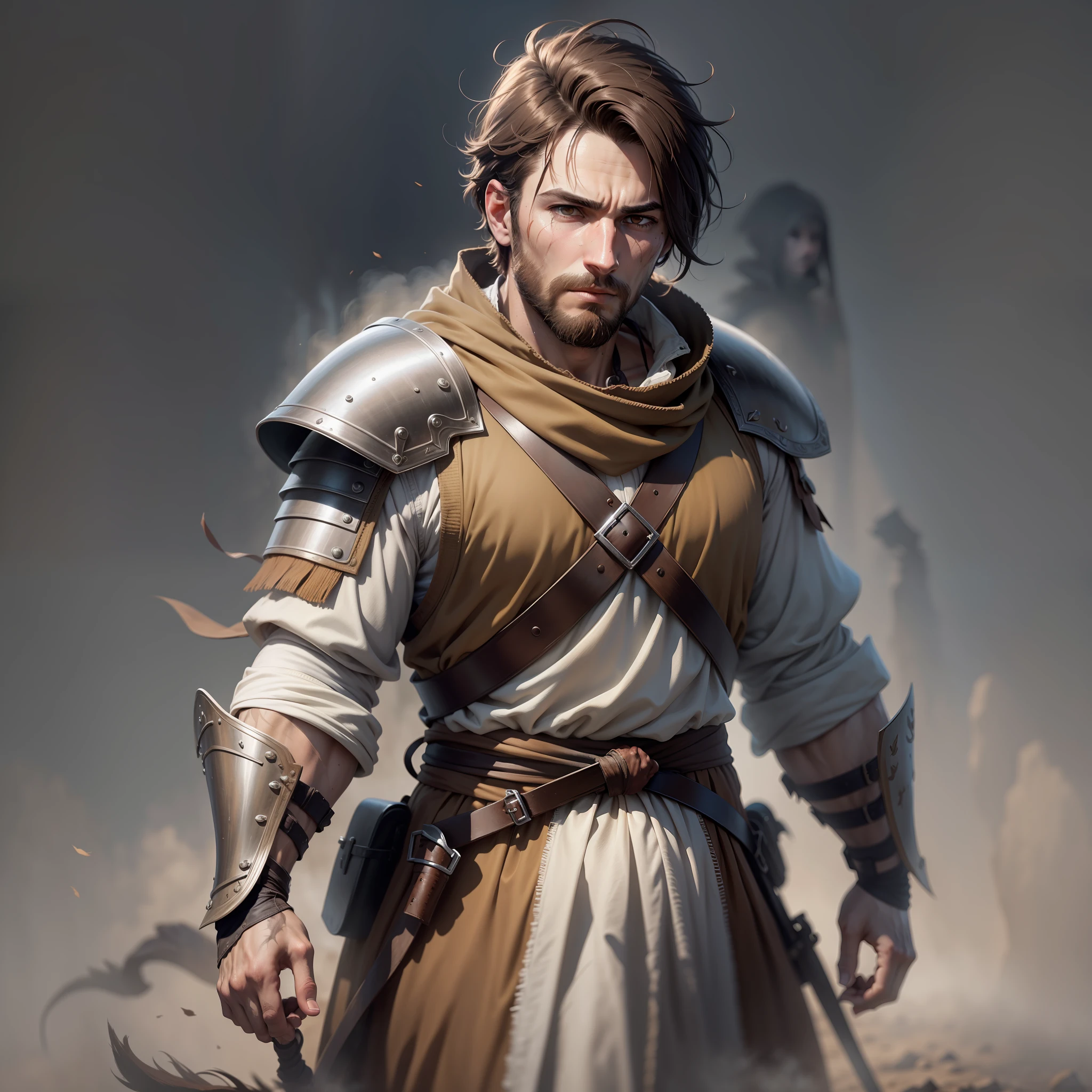 Ultra-realistic image of a man with short, brown hair, bruised, bruised and thin face, short beard, dressed in medieval armor, monk's hood on his head, walking in the fog in a wide field
