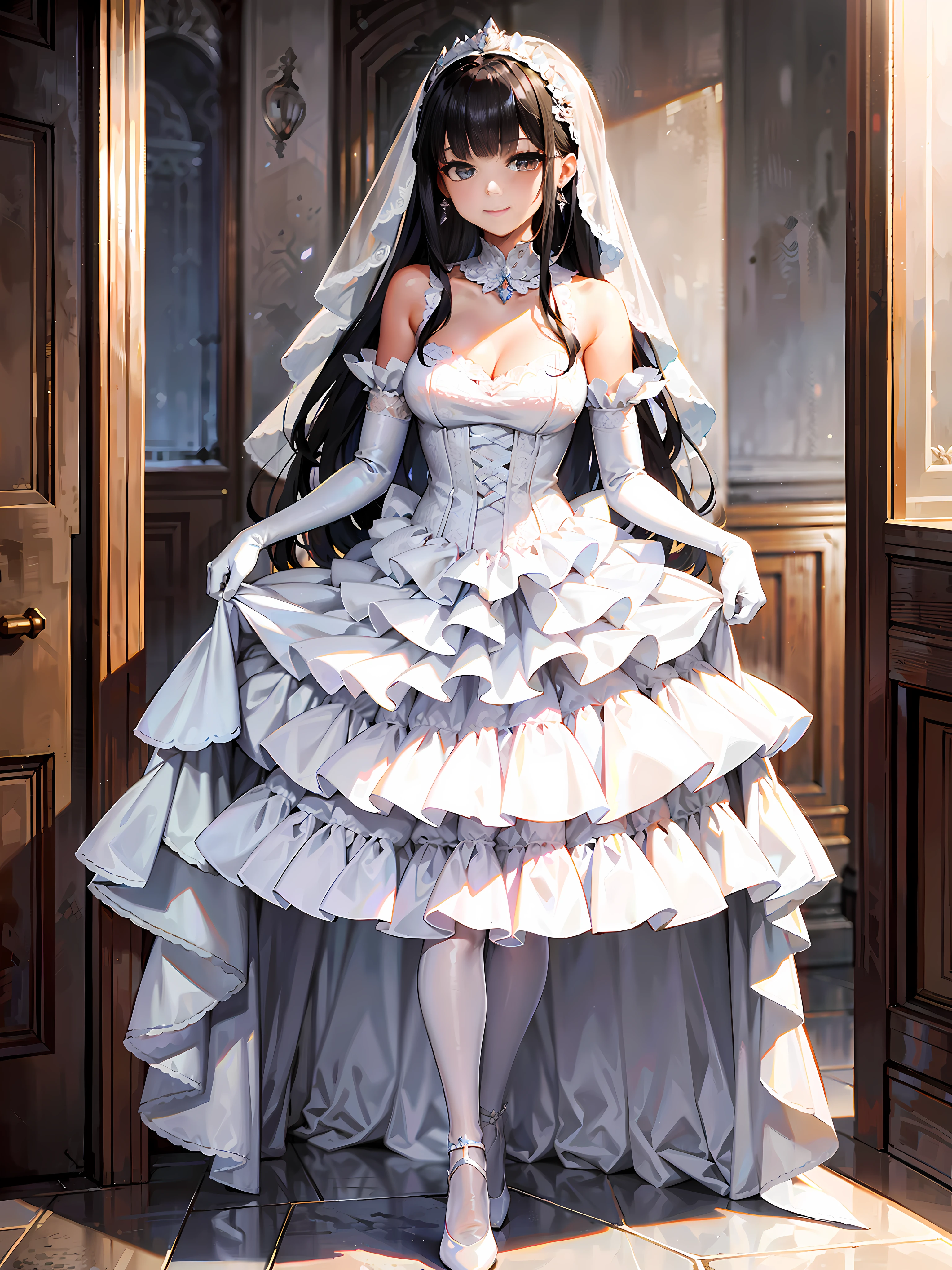 The girl with meticulous smoky makeup wears a wedding dress, silky hair, hair accessories and earrings dazzling, sweet smile. She wore high heels, white stockings with suspenders, veils and lace gloves. The scene is random.