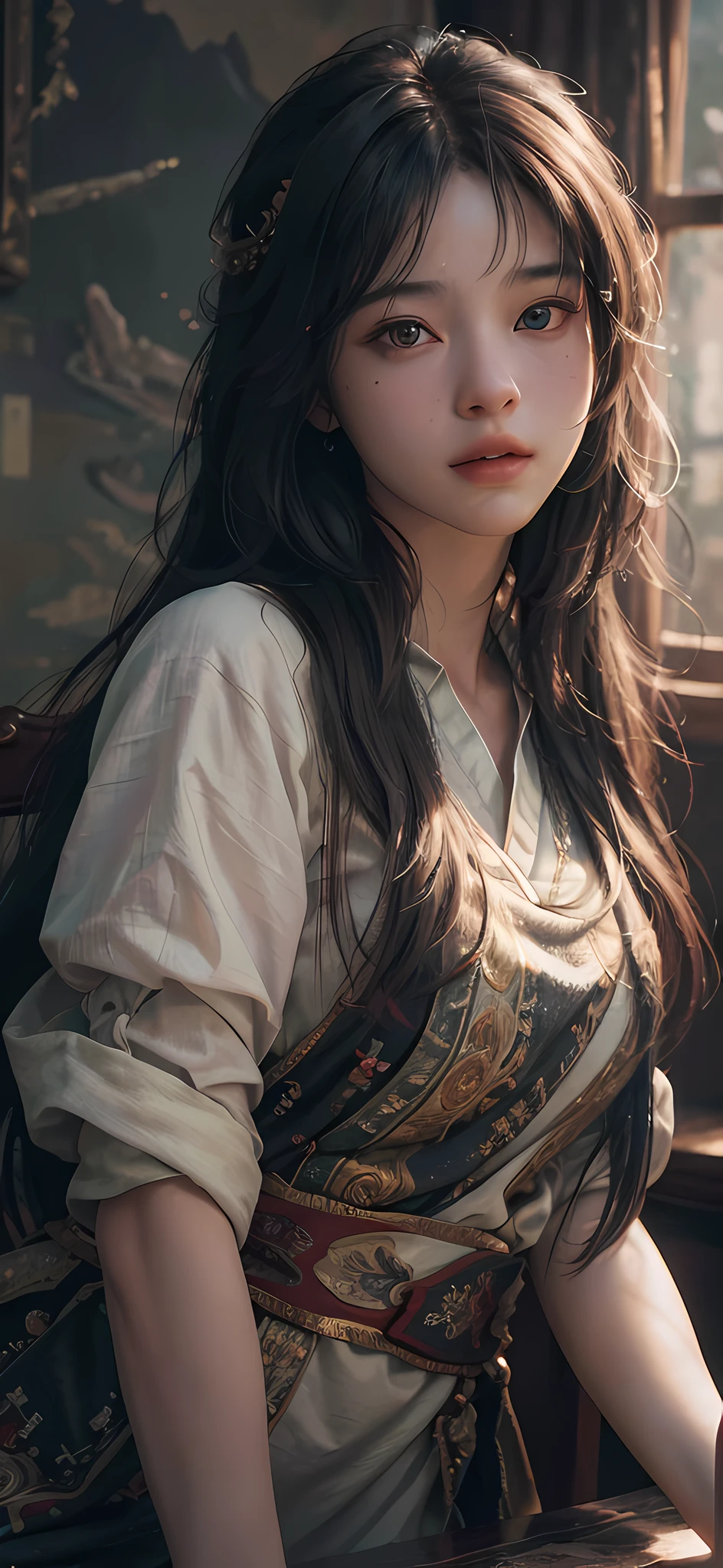 (RAW photo, best quality), (realistic, photo-realistic:1.3),best quality,highly detailed,masterpiece,ultra-detailed,illustration,1girl,upper_body,dynamic angle,world masterpiece theater,messy_long_hair,best quality,extremely detailed CG unity 8k wallpaper,ink,Amazing,cinematic lighting,lens_flare, dunhuang_style