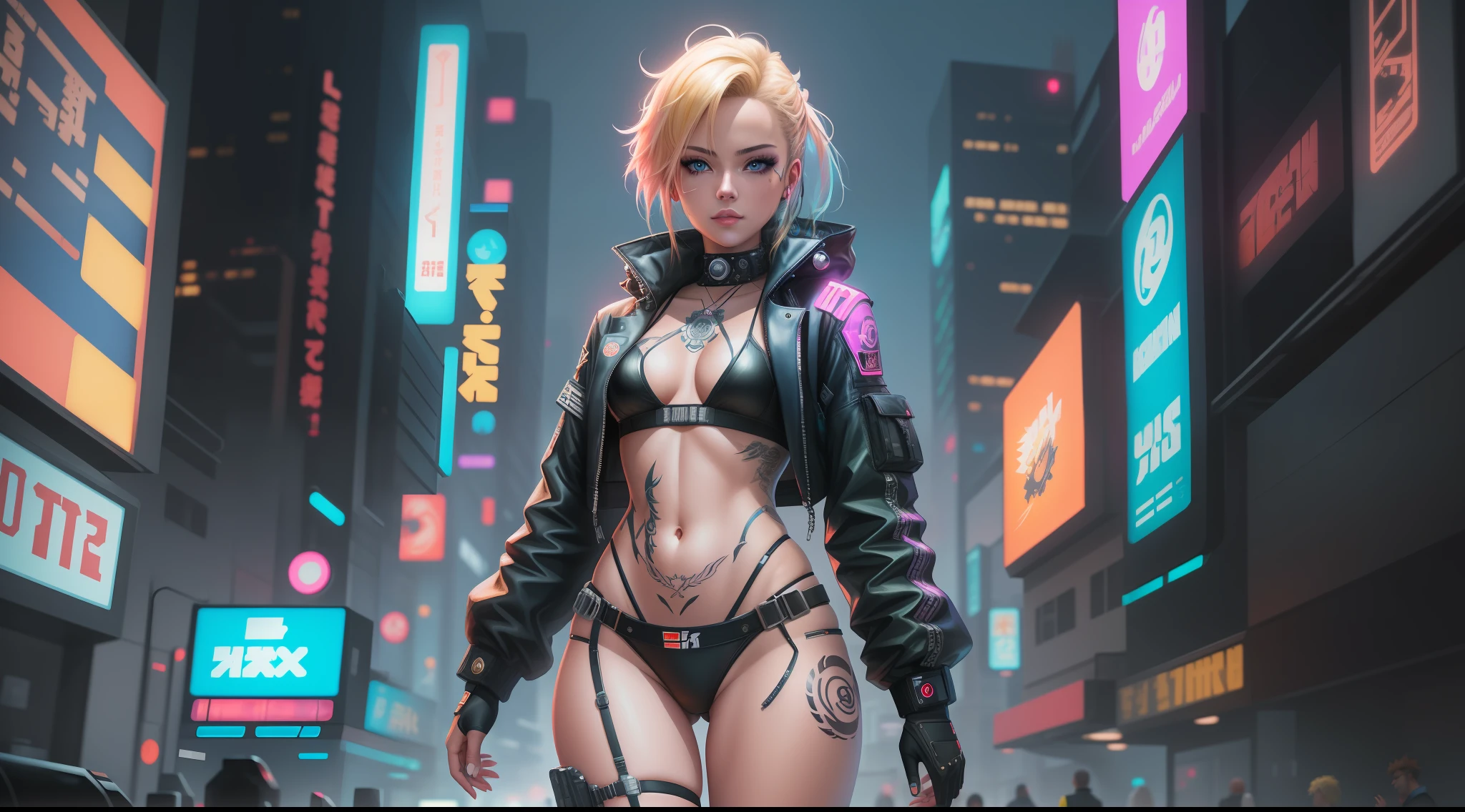 "Artistic Image, The center of this scene is a cyberpunk cyborg, full body portrait with striking blonde hair, highlights, blue eyes. She is seen amidst her high-tech environment, adorned with Japanese Tattoo art, navel piercing. The image should be a blend of digital illustration and anime, featuring a level of detail that brings the character and scene to life. The hacker's anatomy is athletic, capturing the essence of both freedom and soul. Drawing inspiration from Masamune Shirow, the illustration features sharp focus, smooth transitions, and an underlying watercolor aesthetic. The environment is filled with digital screens and neon lights, adding to the cyberpunk atmosphere.", 35mm, Medium Shot, Studio Lighting, Highly Detailed, Octane Render