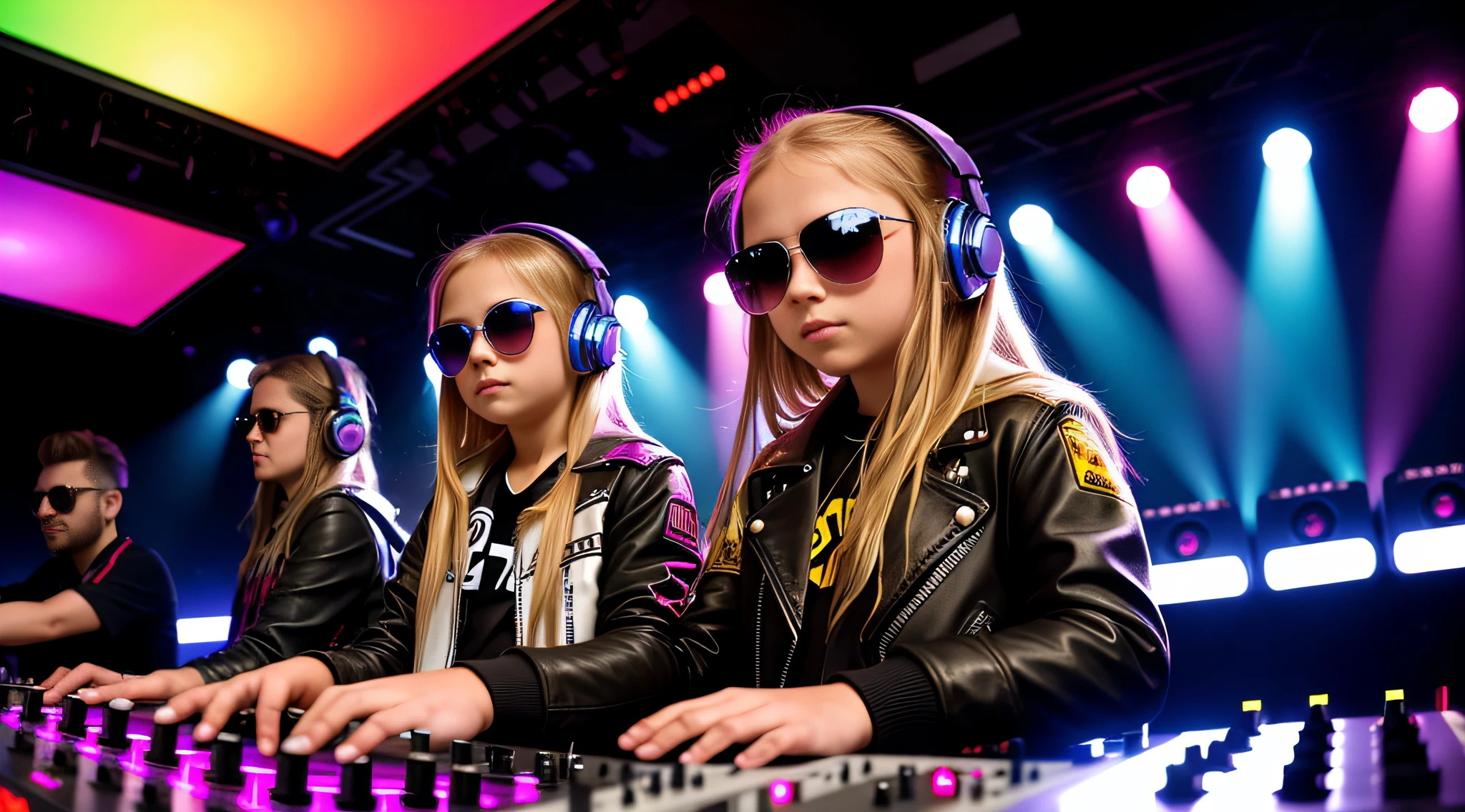 A closeup of a 10-year-old Russian child girl, with long blonde hair, leather jacket and sunglasses, There are two DJ controllers sitting side by side at a table, DJ set, DJ, DJ mixer, DJ with DJ turntable, nightclub background, DJ rave party, playing techno house music, electronic music, phonk music background, audio equipment, techno music, dj at a party, turntable, monitor wallpaper, high quality desktop wallpaper