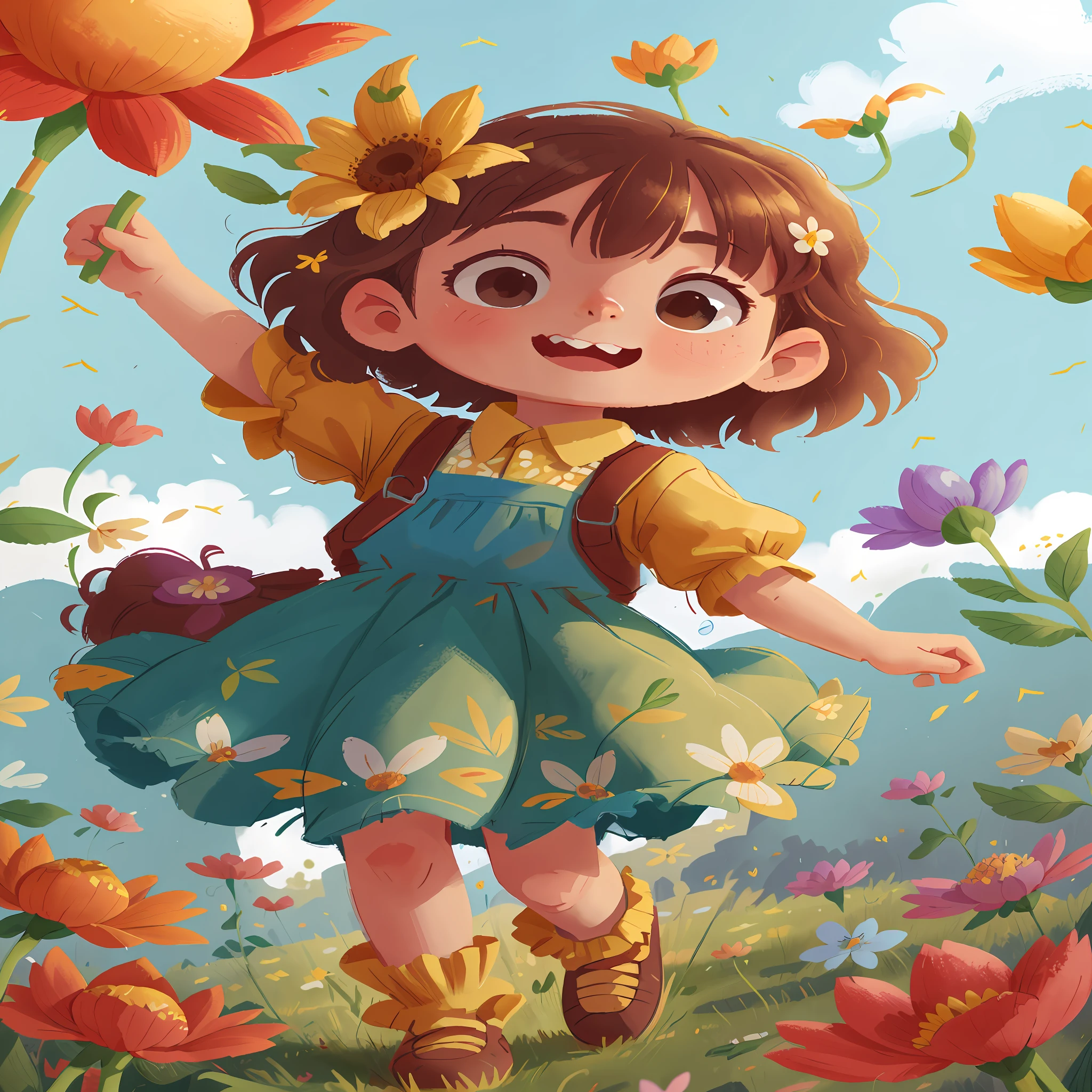 A girl holding flowers, colorful balloons floating in the sky, meadow, dancing, holding flowers, happy, happy, perfect quality, clear focus (clutter-home: 0.8), (masterpiece: 1.2) (Realistic: 1.2) (Bokeh) (Best quality) (Detailed skin: 1.3) (Intricate details) (8K) (Detail Eyes) (Sharp Focus), (Happy)