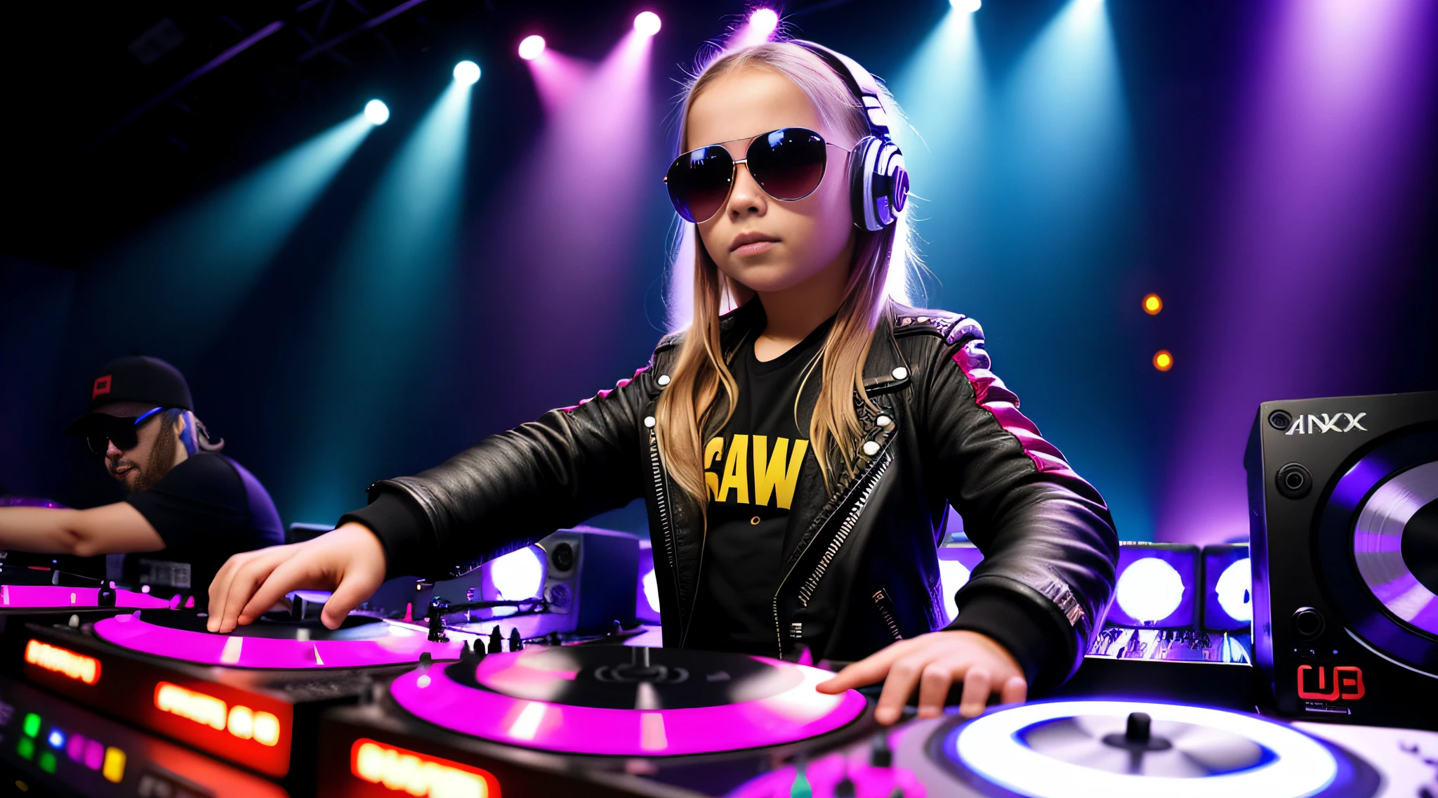 A closeup of a 10-year-old Russian child girl, with long blonde hair, leather jacket and sunglasses, There are two DJ controllers sitting side by side at a table, DJ set, DJ, DJ mixer, DJ with DJ turntable, nightclub background, DJ rave party, playing techno house music, electronic music,  phonk music background, audio equipment, techno music, dj at a party, turntable, monitor wallpaper, high quality desktop wallpaper