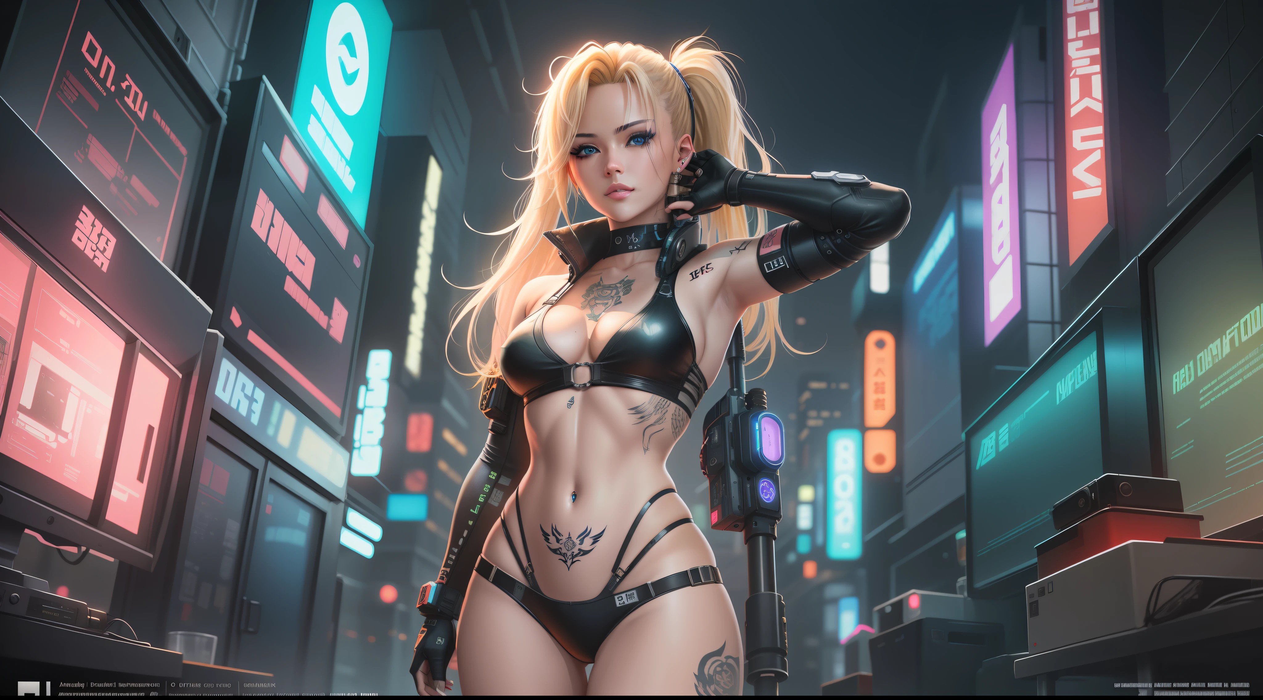 "Artistic Image, The center of this scene is a cyberpunk cyborg, full body portrait with striking blonde hair, highlights, blue eyes. She is seen amidst her high-tech environment, adorned with Japanese Tattoo art, navel piercing. The image should be a blend of digital illustration and anime, featuring a level of detail that brings the character and scene to life. The hacker's anatomy is athletic, capturing the essence of both freedom and soul. Drawing inspiration from Masamune Shirow, the illustration features sharp focus, smooth transitions, and an underlying watercolor aesthetic. The environment is filled with digital screens and neon lights, adding to the cyberpunk atmosphere.", 35mm, Medium Shot, Studio Lighting, Highly Detailed, Octane Render