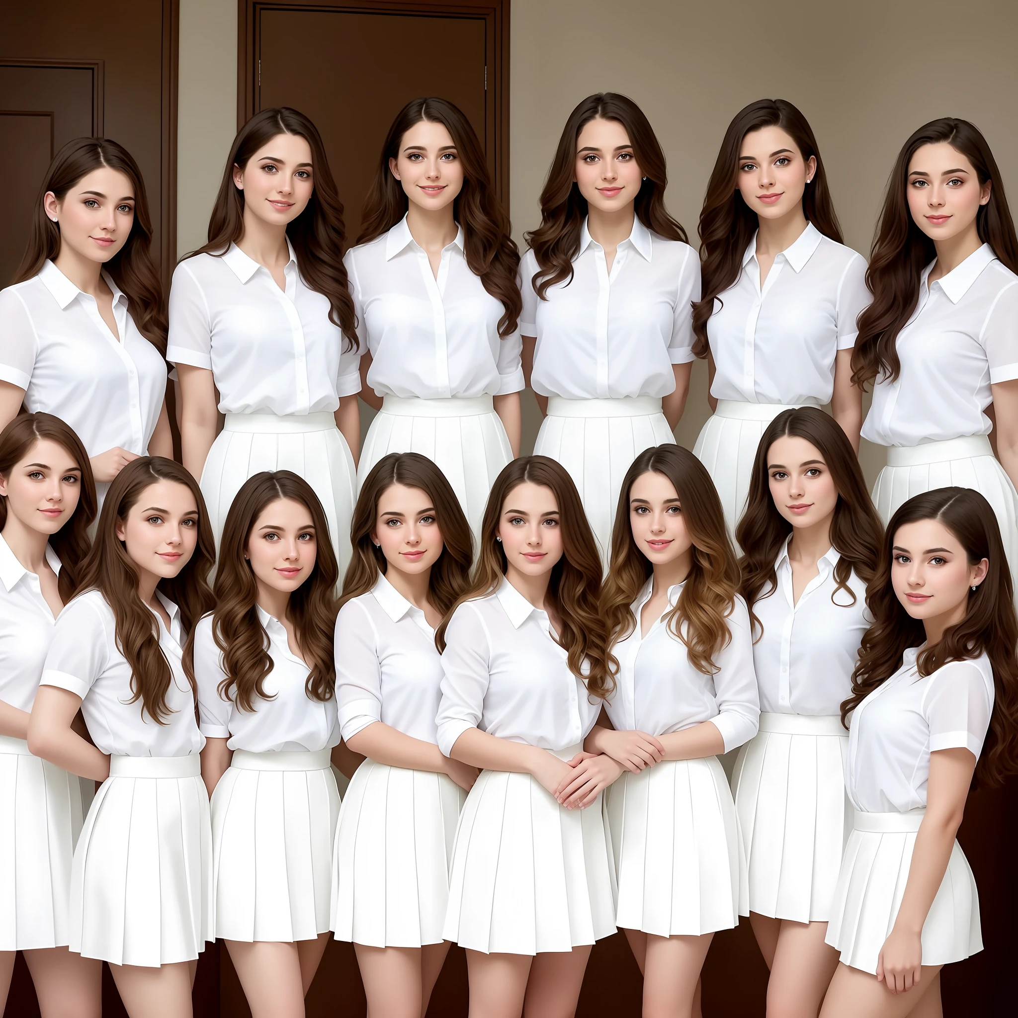 stunning identical sextuplets standing close together, in a room, 25 years old, full body, identical bodies, pale skin, athletic body, identical height, wearing white skirt suits, same faces, same hairstyle, long wavy hair, same colour hair, light brown hair, five fingers on each hand, smiling, color, realistic, sharp focus on eyes, sharp focus on nose, 8 k, high definition, insanely detailed, elegant, ultra realistic, photorealism,