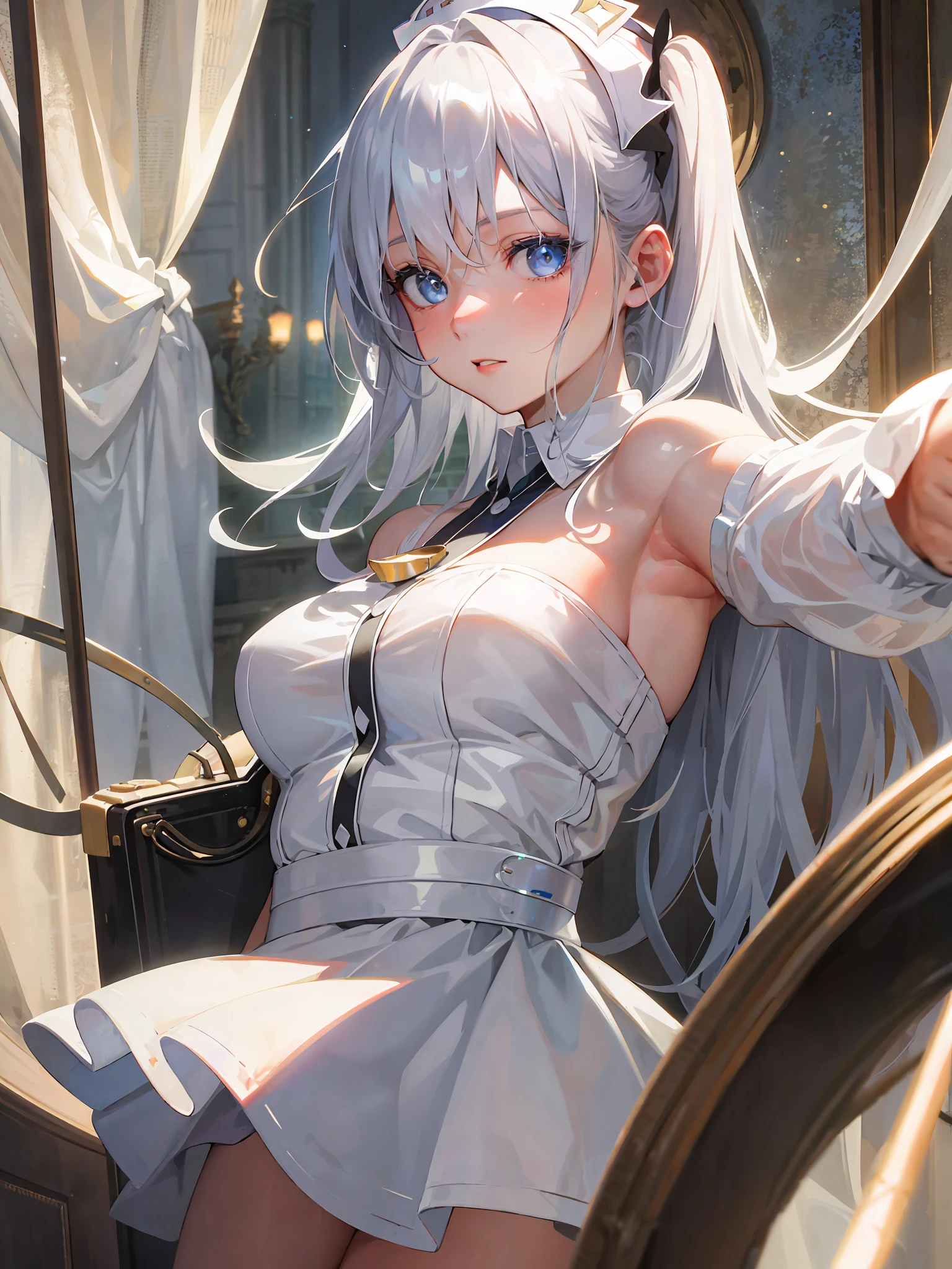 (Masterpiece, Sidelights, Beautiful Eyes of Detail: 1.2), Masterpiece * Portrait, Realistic, 3D Face, Glowing Eyes, Light Blue Eyes, Shiny Hair, White Hair, Shiny Skin, Solo, Sideways, People's Look, Upper Body, Sexy Nurse, Short Skirt, Bare Shoulders, Resolution Max, Hospital