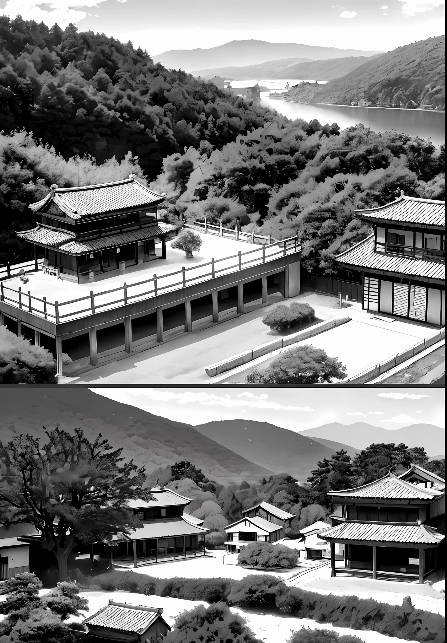 Create a manga page with four frames with this information: The scenery shows a small village surrounded by a picturesque landscape. The traditional houses and the busy inhabitants give a tranquil air to the place.] Do it in black and white