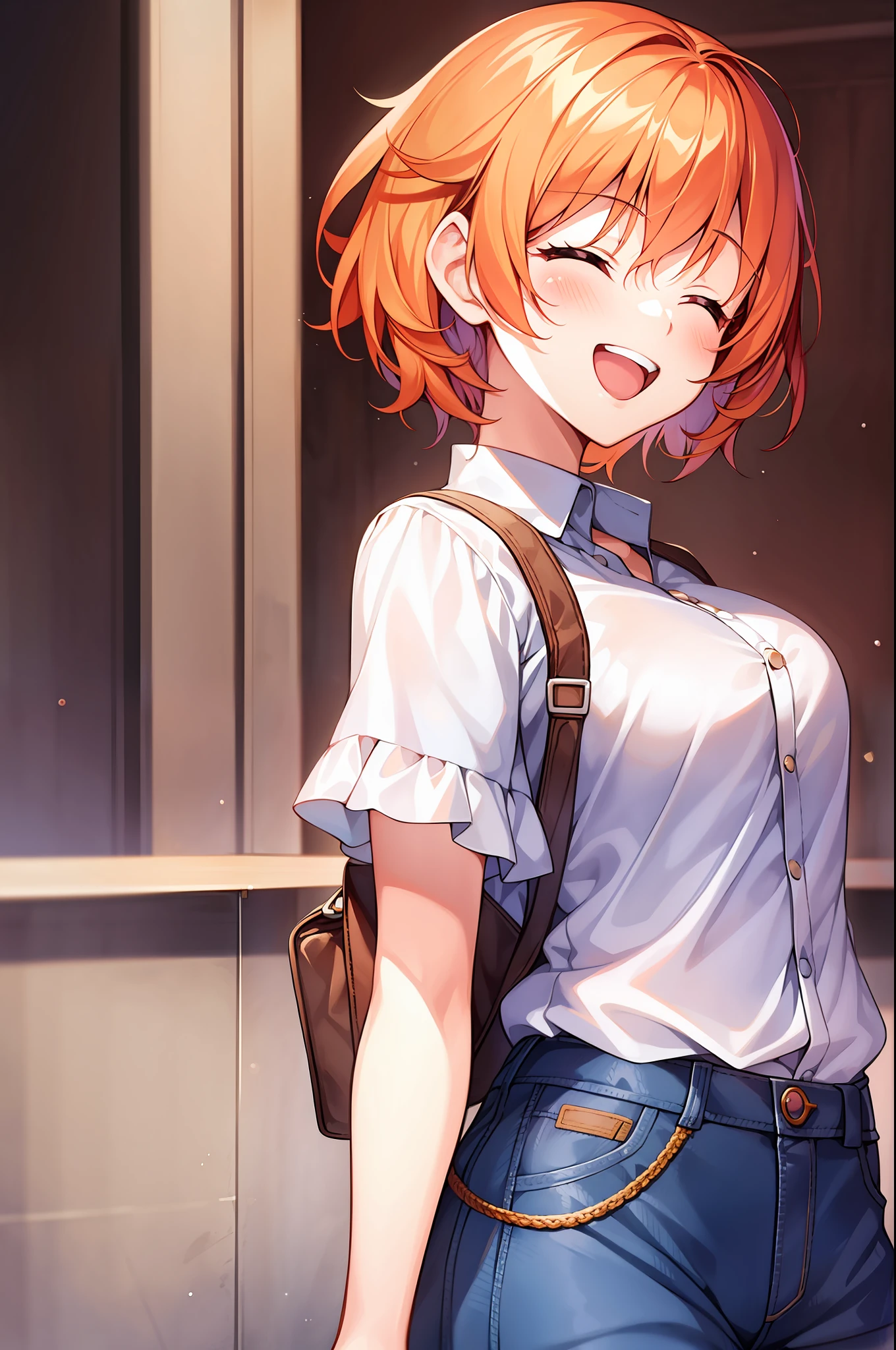 1girl, laughing, cute, eyes closed, blush, orange hair, short hair, purple eyes, modern, cowboy shot, masterpiece,