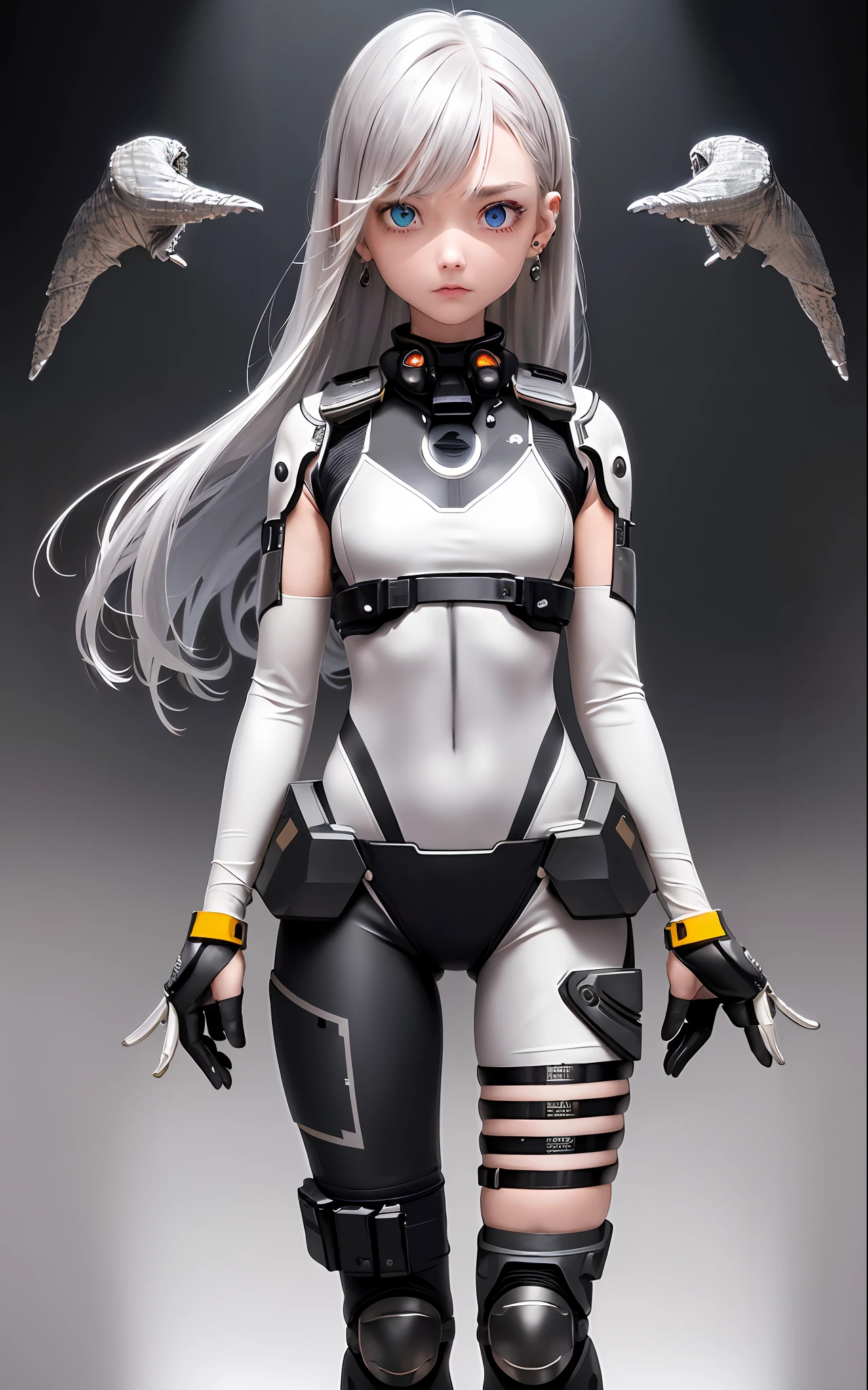 Best, Masterpiece, High Resolution, Best Quality, Ultra HD, Super Detail, Award-Standing, 16k, (Upper Body), Beautiful Girl, Gray Hair, Hair Strands, ((Heterochromia), Hanging Corners, Fair Skin, (Small), (Slim Body), ((Full Cover Military Biochemical Protective Suit)), Stud Earrings, (Neck Rings), (Short Glove as Short as Half the Palm)
