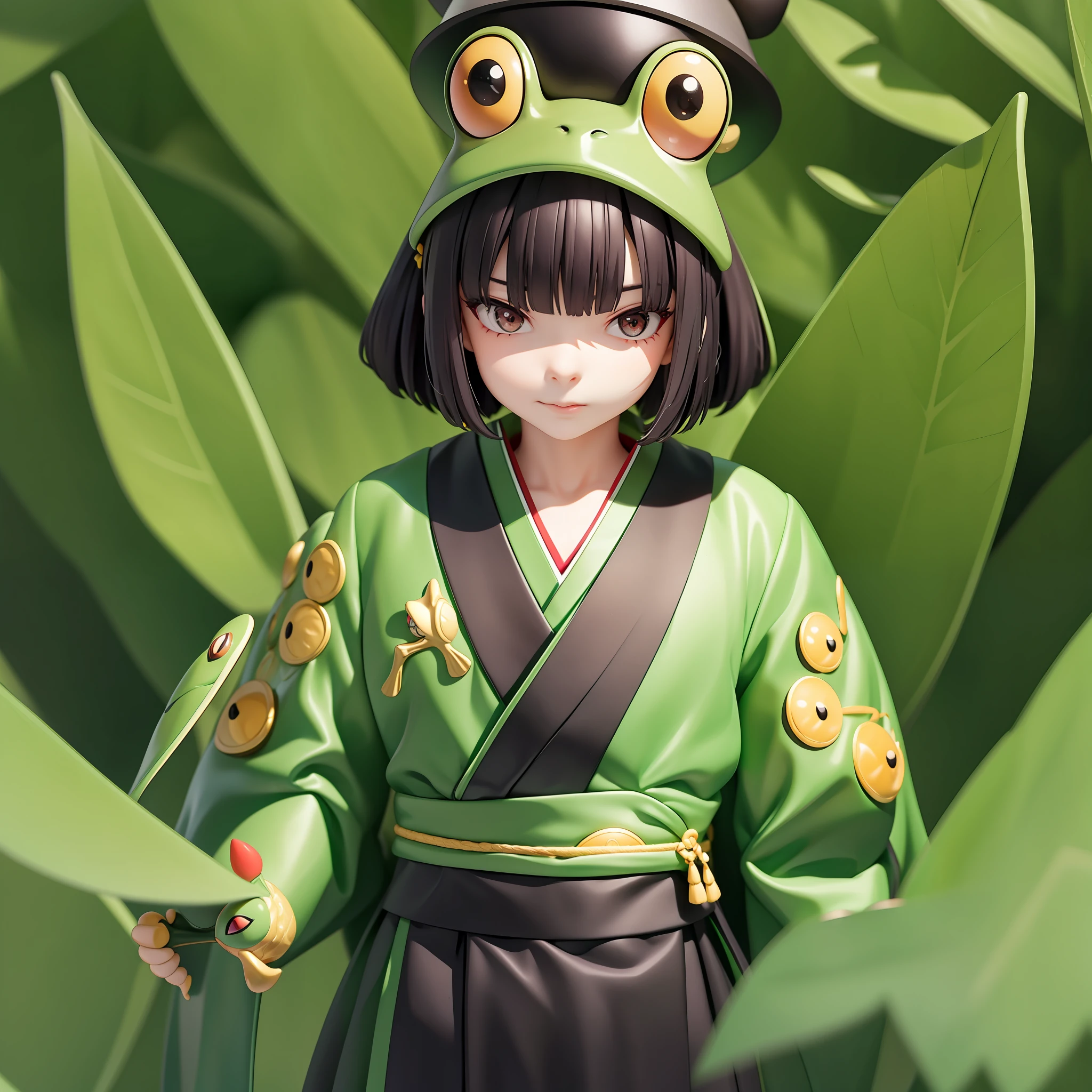 Giovanni is a frog with a head and body and stands upright on two legs. He is about 1m tall and has a large head of 6 heads. She always wears a black Japan men's kimono made of silk and wears a crow hat. Lives in deep forests.