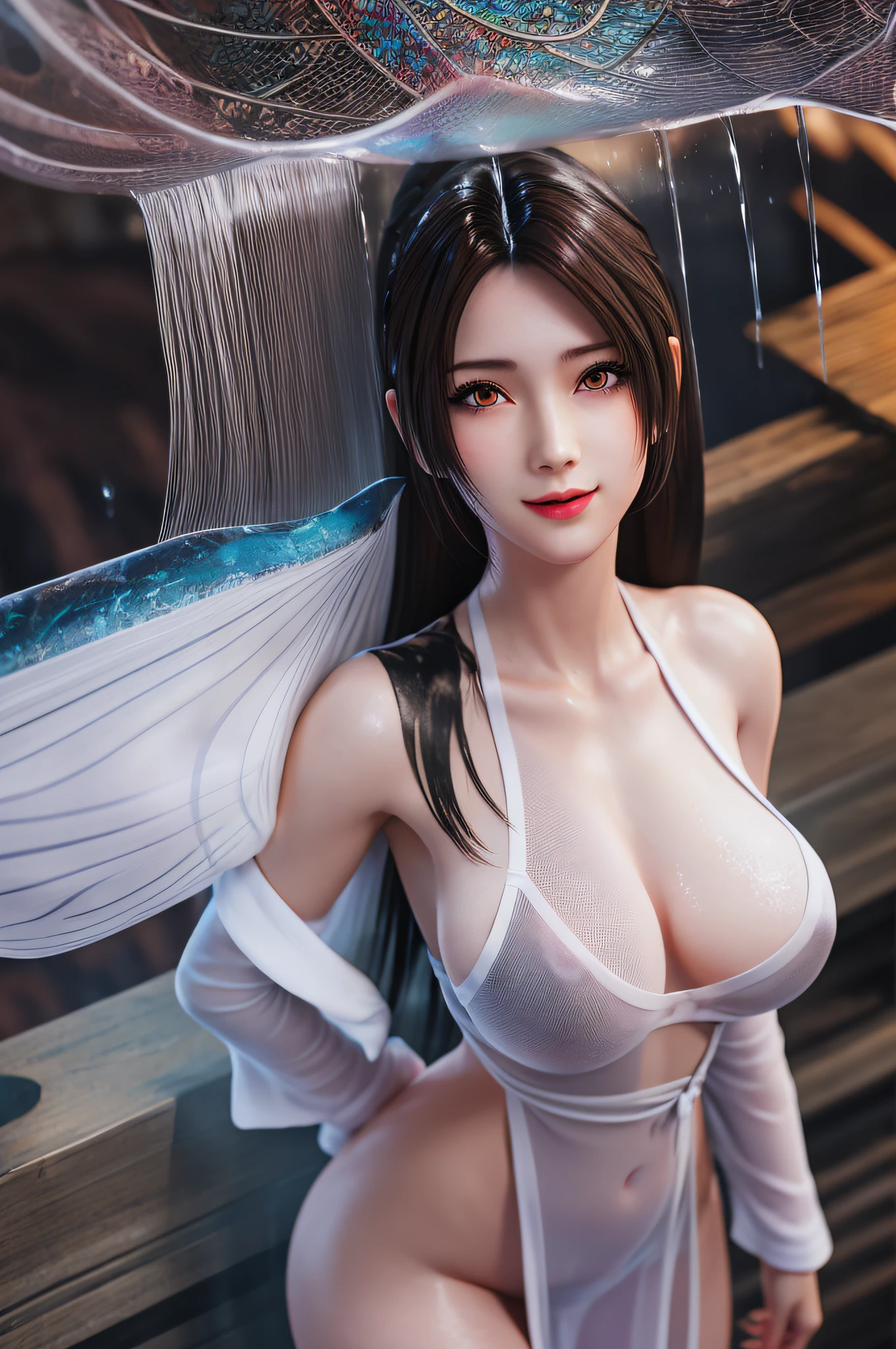 Bird's-eye view,Full body, solo, white underlinen, bangs, bare shoulders, black hair, blunt bangs, (huge stacked ), lips, long hair, moles under the mouth, purple eyes, slightly dilated lips, smile, see-through, (wearing translucent bathrobes), under a waterfall, shame,a heavy rain((water-immersed body: 0.9)), (##color-tattoo ##,color-tattoo, ~+color-tattoo), (masterpiece: 1.4), (best quality: 1.4), real-life portrait photography, (shiny skin), looking at the viewer,