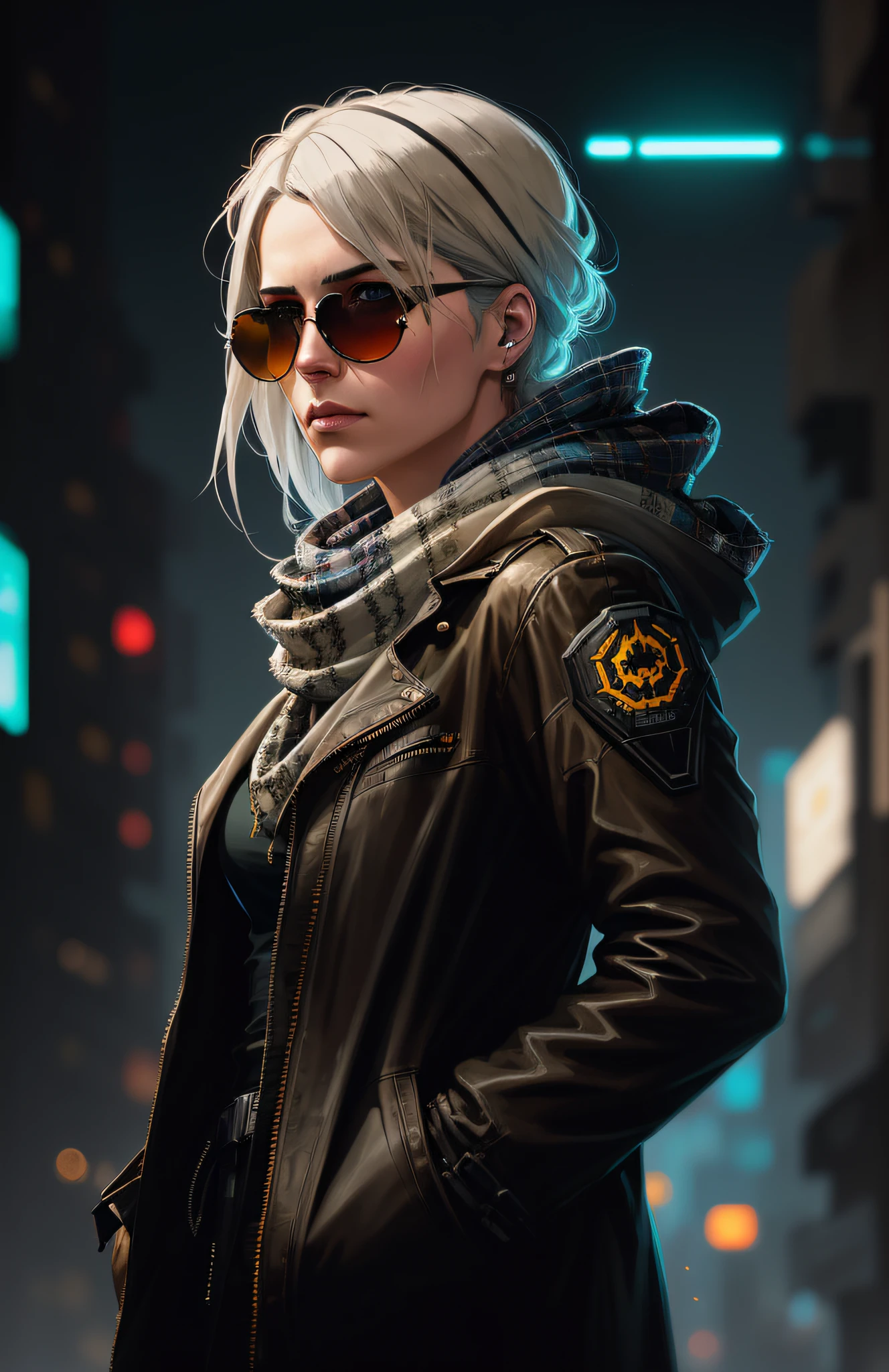 (dark shot:1.1), epic realistic, portrait of halo, sunglasses, blue eyes, tartan scarf, white hair by atey ghailan, by greg rutkowski, by greg tocchini, by james gilleard, by joe fenton, by kaethe butcher, gradient yellow, black, brown and magenta color scheme, grunge aesthetic!!! graffiti tag wall background, art by greg rutkowski and artgerm, soft cinematic light, adobe lightroom, photolab, hdr, intricate, highly detailed, (depth of field:1.4), faded, (neutral colors:1.2), (hdr:1.4), (muted colors:1.2), hyperdetailed, (artstation:1.4), cinematic, warm lights, dramatic light, (intricate details:1.1), complex background, (rutkowski:0.66), (teal and orange:0.4)
