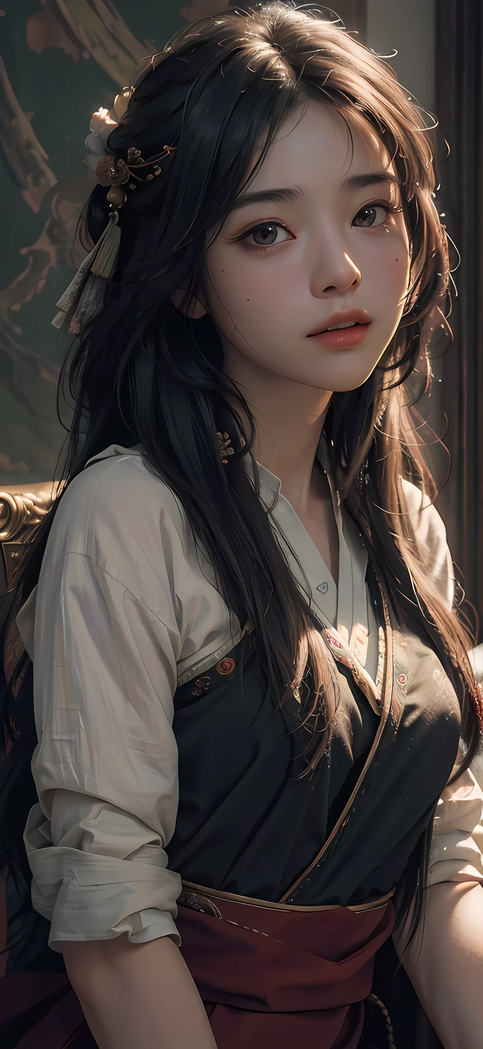 (RAW photo, best quality), (realistic, photo-realistic:1.3),best quality,highly detailed,masterpiece,ultra-detailed,illustration,1girl,upper_body,dynamic angle,world masterpiece theater,messy_long_hair,best quality,extremely detailed CG unity 8k wallpaper,ink,Amazing,cinematic lighting,lens_flare, dunhuang_style