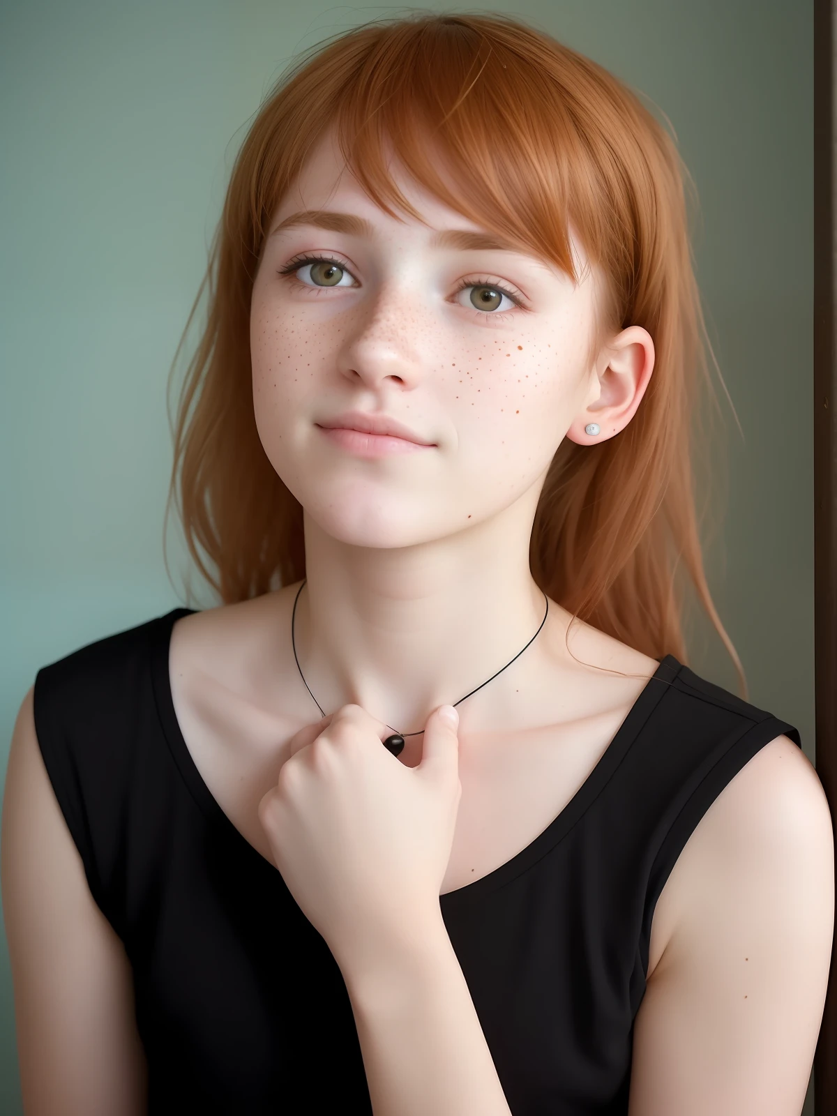 arafed woman with freckles and a black shirt, cute freckles, with freckles, rosy cheeks with freckles, white freckles, 19-year-old girl, freckles, 18 years old, hint of freckles, small freckles, sparse freckles, soft freckles, blunt bangs fall on her forehead, freckles on the nose, 30-year-old woman from cuba