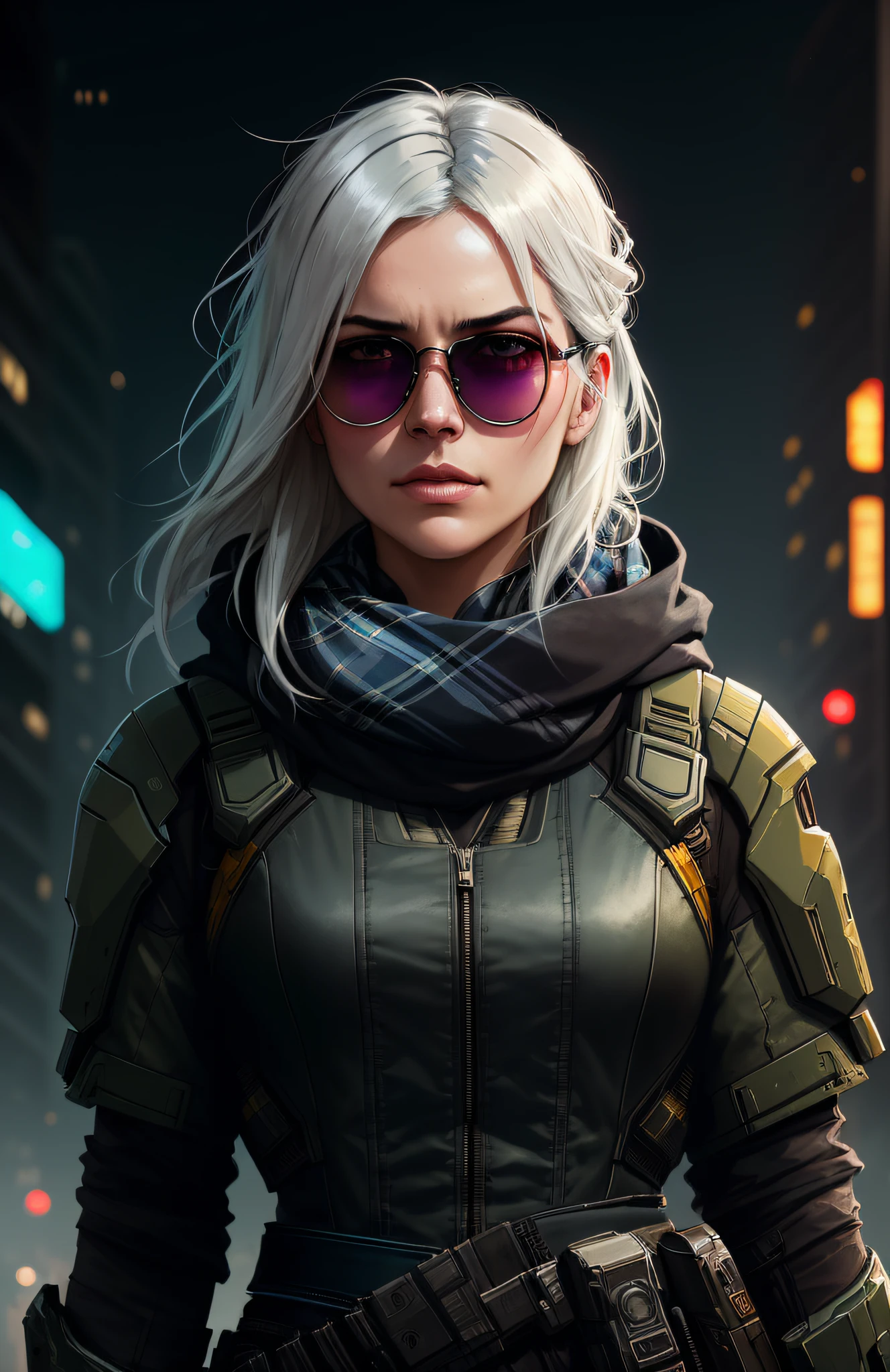 (dark shot:1.1), epic realistic, portrait of halo, sunglasses, blue eyes, tartan scarf, white hair by atey ghailan, by greg rutkowski, by greg tocchini, by james gilleard, by joe fenton, by kaethe butcher, gradient yellow, black, brown and magenta color scheme, grunge aesthetic!!! graffiti tag wall background, art by greg rutkowski and artgerm, soft cinematic light, adobe lightroom, photolab, hdr, intricate, highly detailed, (depth of field:1.4), faded, (neutral colors:1.2), (hdr:1.4), (muted colors:1.2), hyperdetailed, (artstation:1.4), cinematic, warm lights, dramatic light, (intricate details:1.1), complex background, (rutkowski:0.66), (teal and orange:0.4)