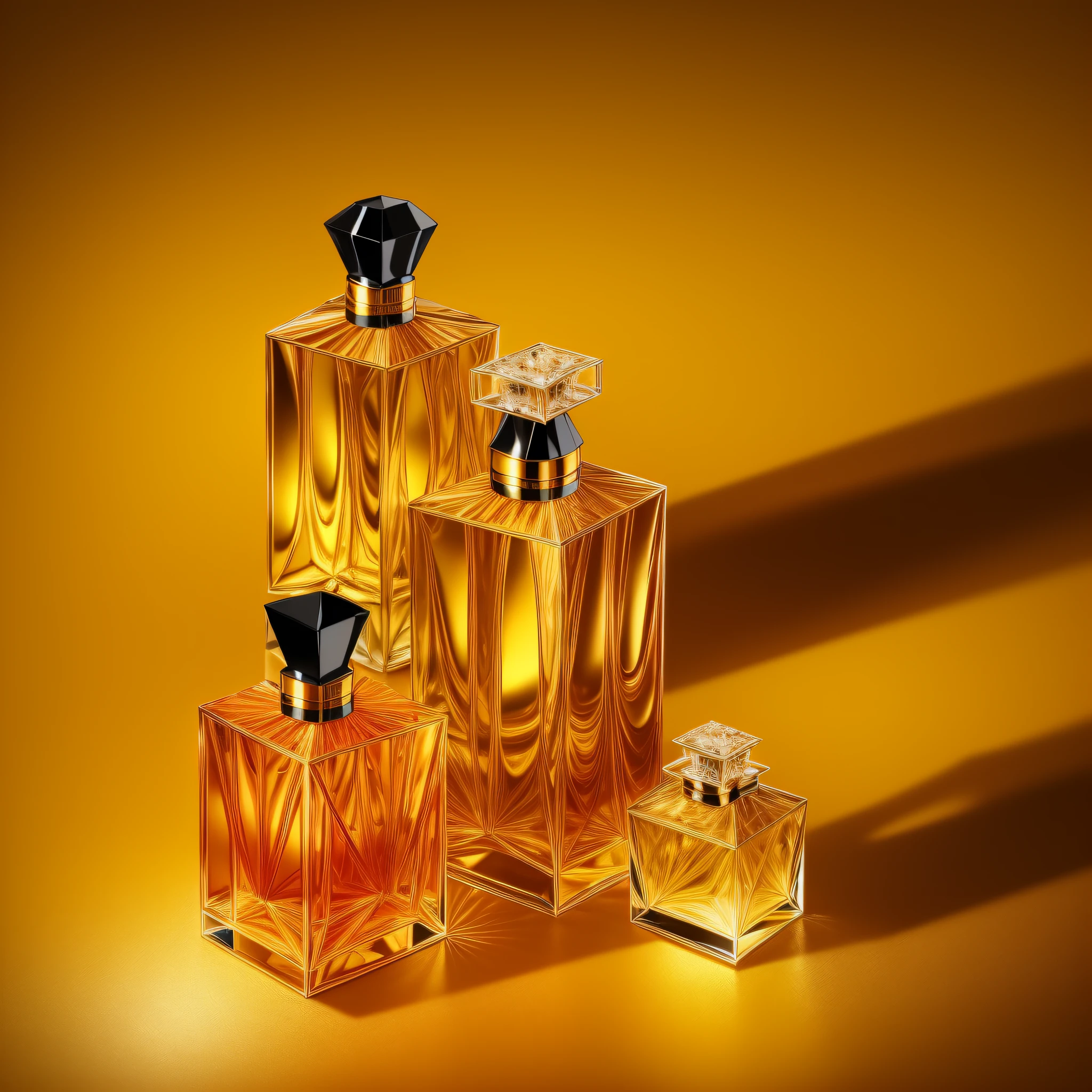 (Masterpiece: 1.2, Ultimate), (Real Shot, Finely Crafted, Depth of Field), (Glass Bottle Perfume), (Perfume: 1.3), Perfume in the center, Lancome perfume, there is a golden yellow liquid in the bottle, black and gold match the background
