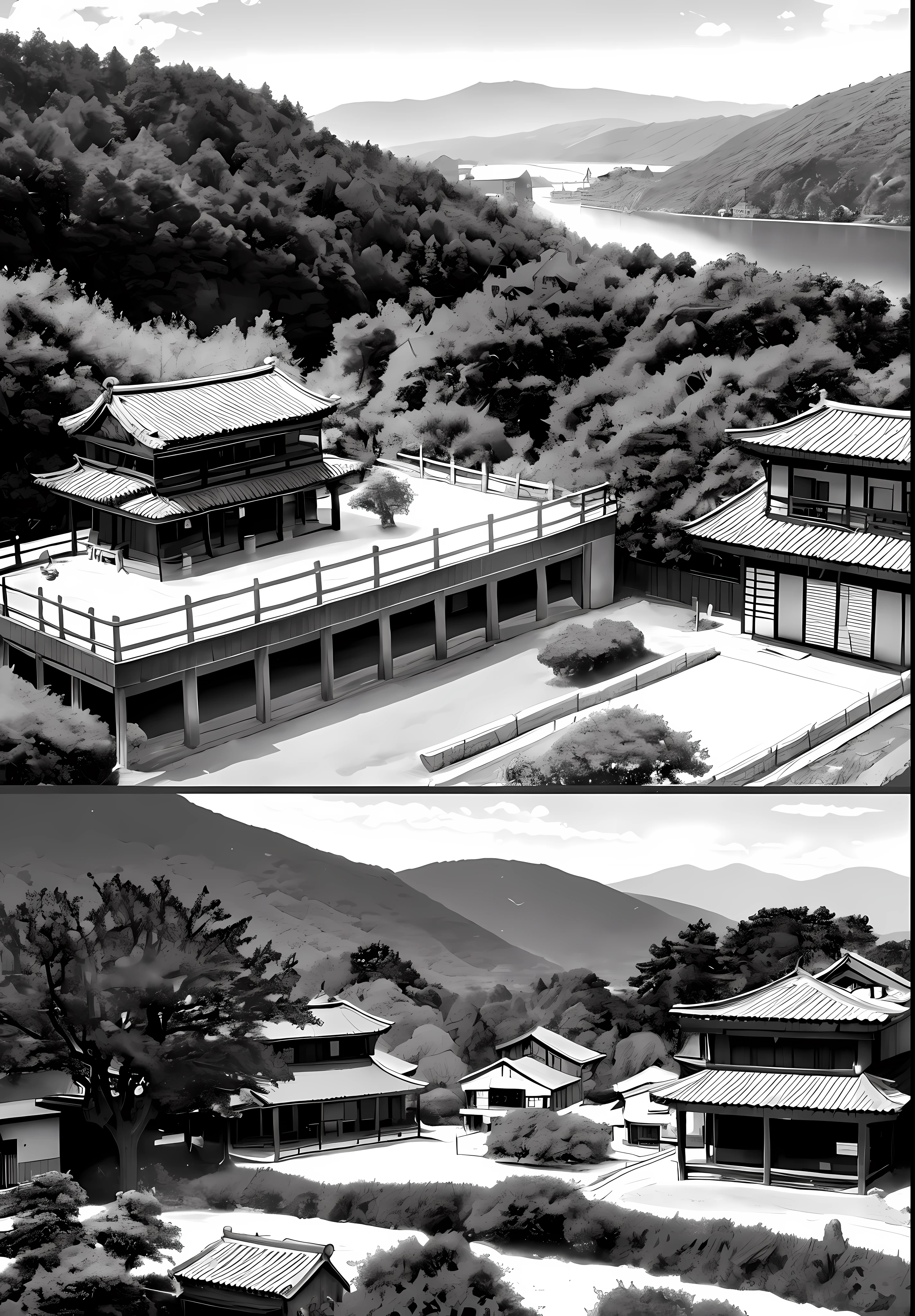 Create a manga page with four frames with this information: The scenery shows a small village surrounded by a picturesque landscape. The traditional houses and the busy inhabitants give a tranquil air to the place.] Do it in black and white