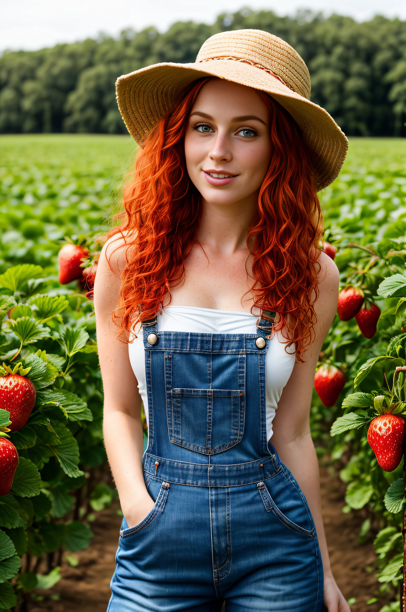 1 attractive red-haired woman (hot), beautiful peasant, queen of the field, goddess of strawberries, lady of lands, 20 years old, fleshy lips, large breasts, face with small freckles, silky skin, blue eyes (sparkle in the eye), curly hair, wearing a field hat, jeans overalls, is in a strawberry plantation during the day (sunny morning) holding and biting (eating) a small strawberry, masterpiece, best quality, ultra detailed, solo, outdoor (warm hue, warm tone): 1.2), close-up, cinematic light, soft side lighting, ultra high resolution, best shade, RAW, upper body, harvesting.