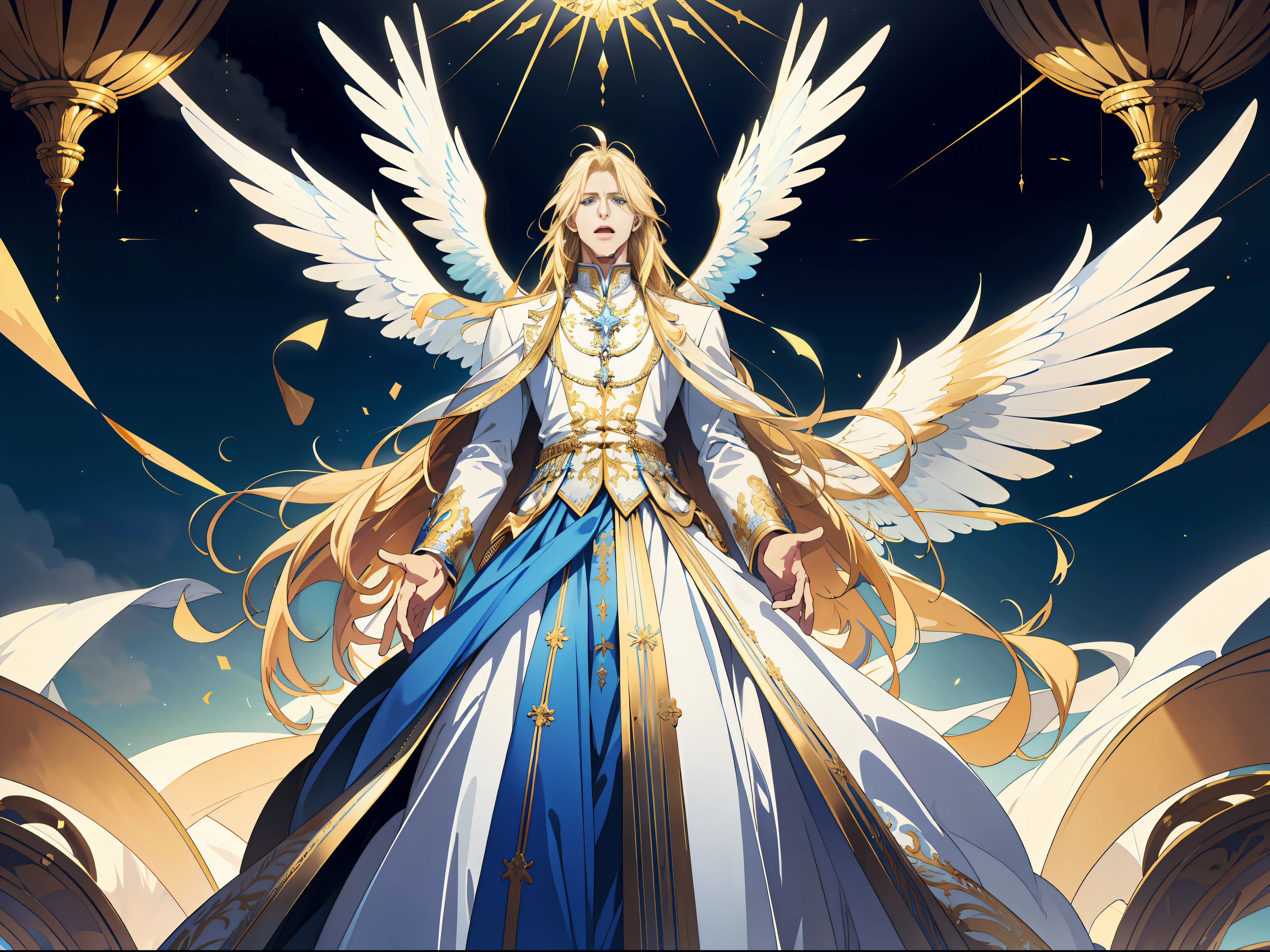 (absurd, high resolution), (panorama) (1 male), middle-aged, long blonde hair, blue and white dress, golden decoration, (tall), serious, open mouth, hands behind back, huge wings, broad arms, angels descending, palace, palatial, powerful, majestic, intense luster, white-gold dress, fine clothes, streamers