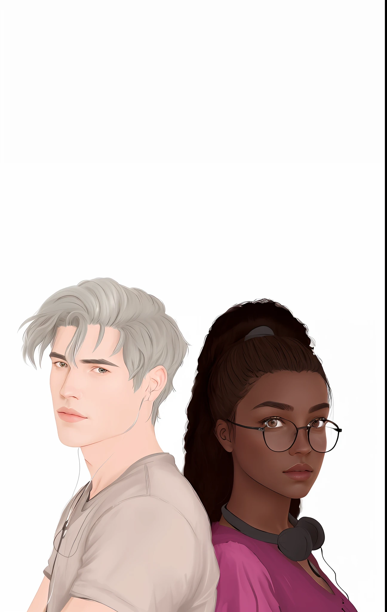 there are two people that are standing next to each other, medium shot of two characters, official fan art, official fanart, mostly greyscale, high quality fanart, characters merged, realistic artstyle, random characters, two characters, halfbody portrait, realistic shaded, in the art style of bowater, solo portrait 🎨🖌️, random background scene
