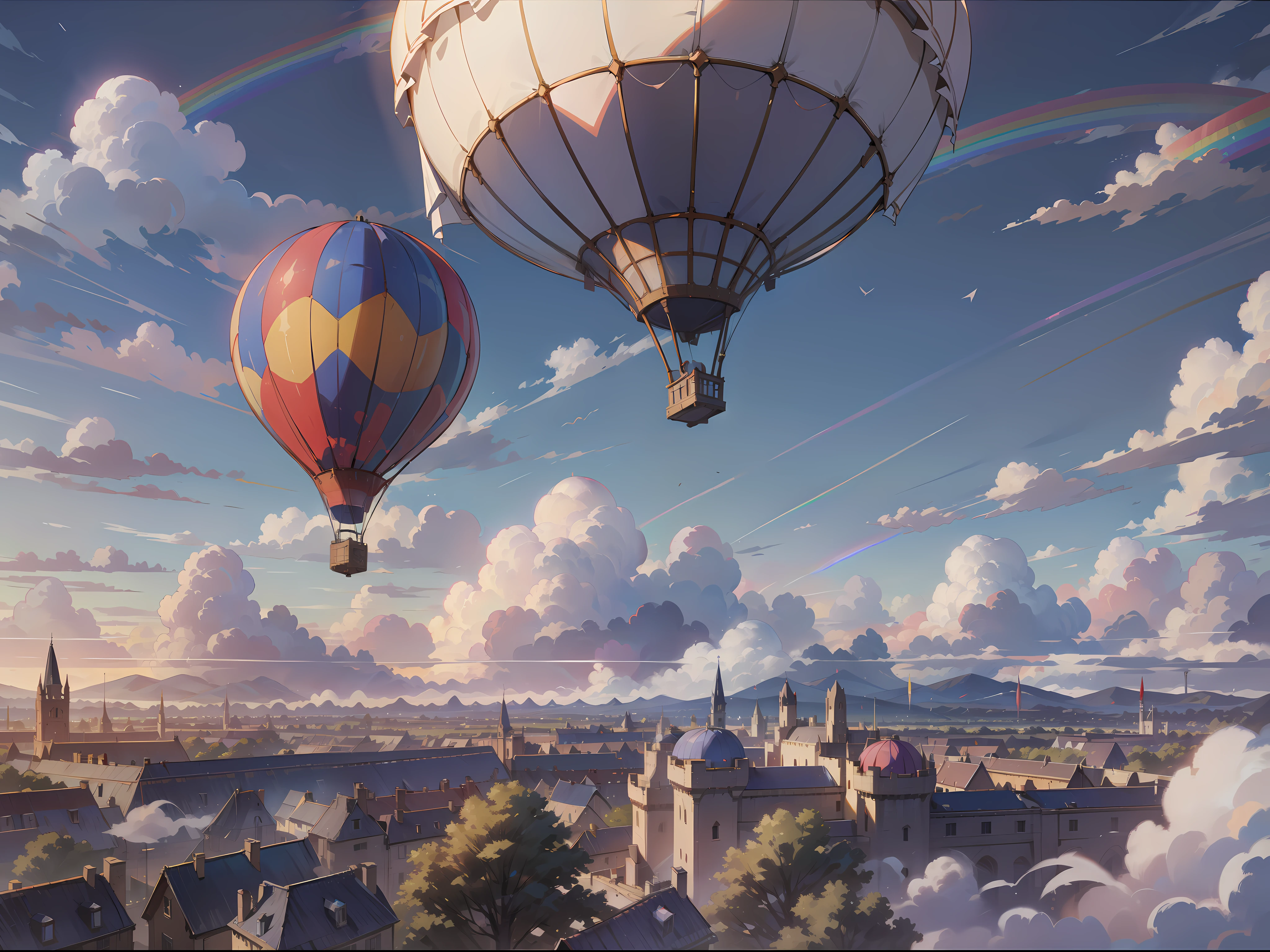 terrace, ray tracing, 8K, Ultra HD, Wide Angle, Clouds, Sunlight Reflection, High Quality, Super Detail, Castle, Hot Air Balloon, Clouds, Rainbow, Wide Angle, Evening, Sunset, Refraction